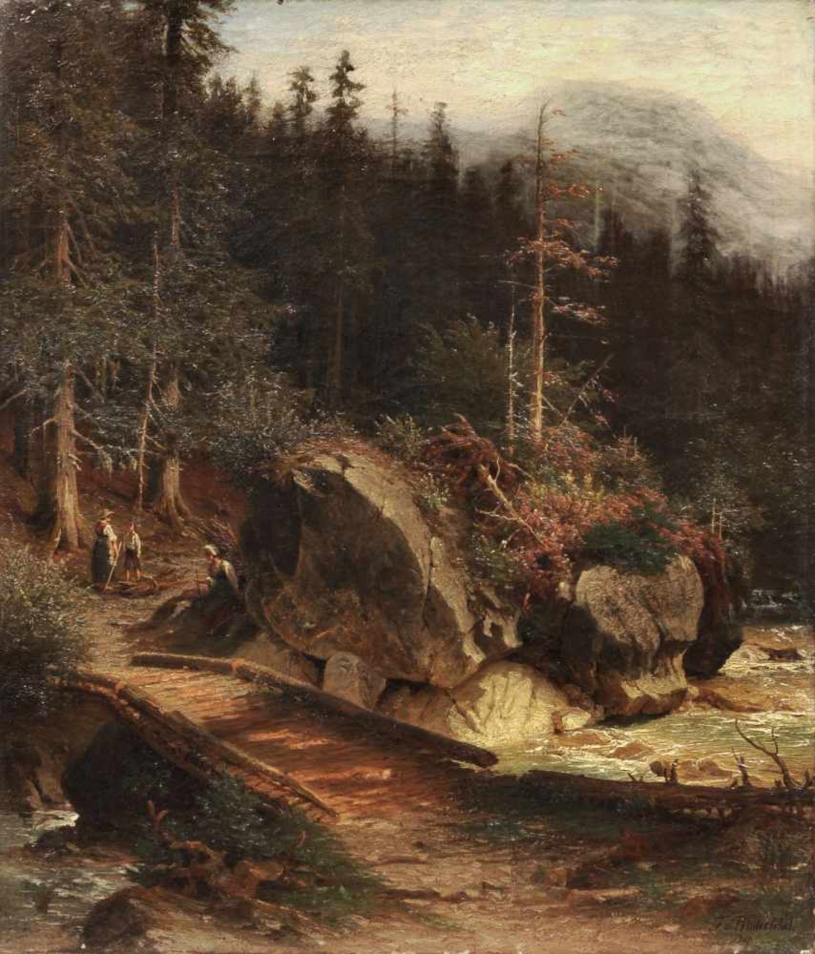 Friedrich Wilhelm von Winterfeldt, Gebirgsbach zwischen Felsen mit Holzbrücke. Um 1875.<