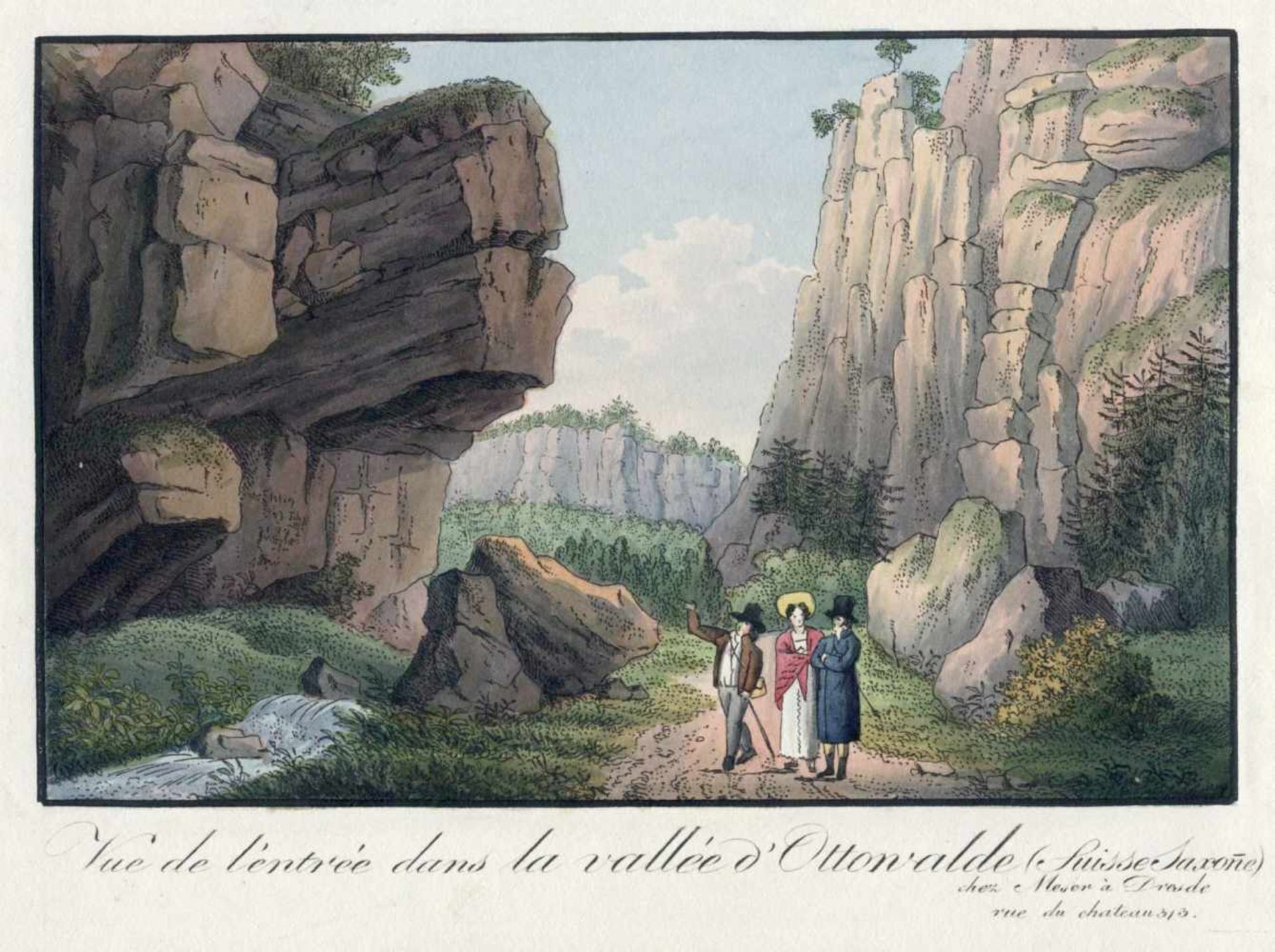 C. F. Meser "Vue de l'entrée dans la vallée d'Ottowalde (Suisse Saxone)". Um 1830.<b
