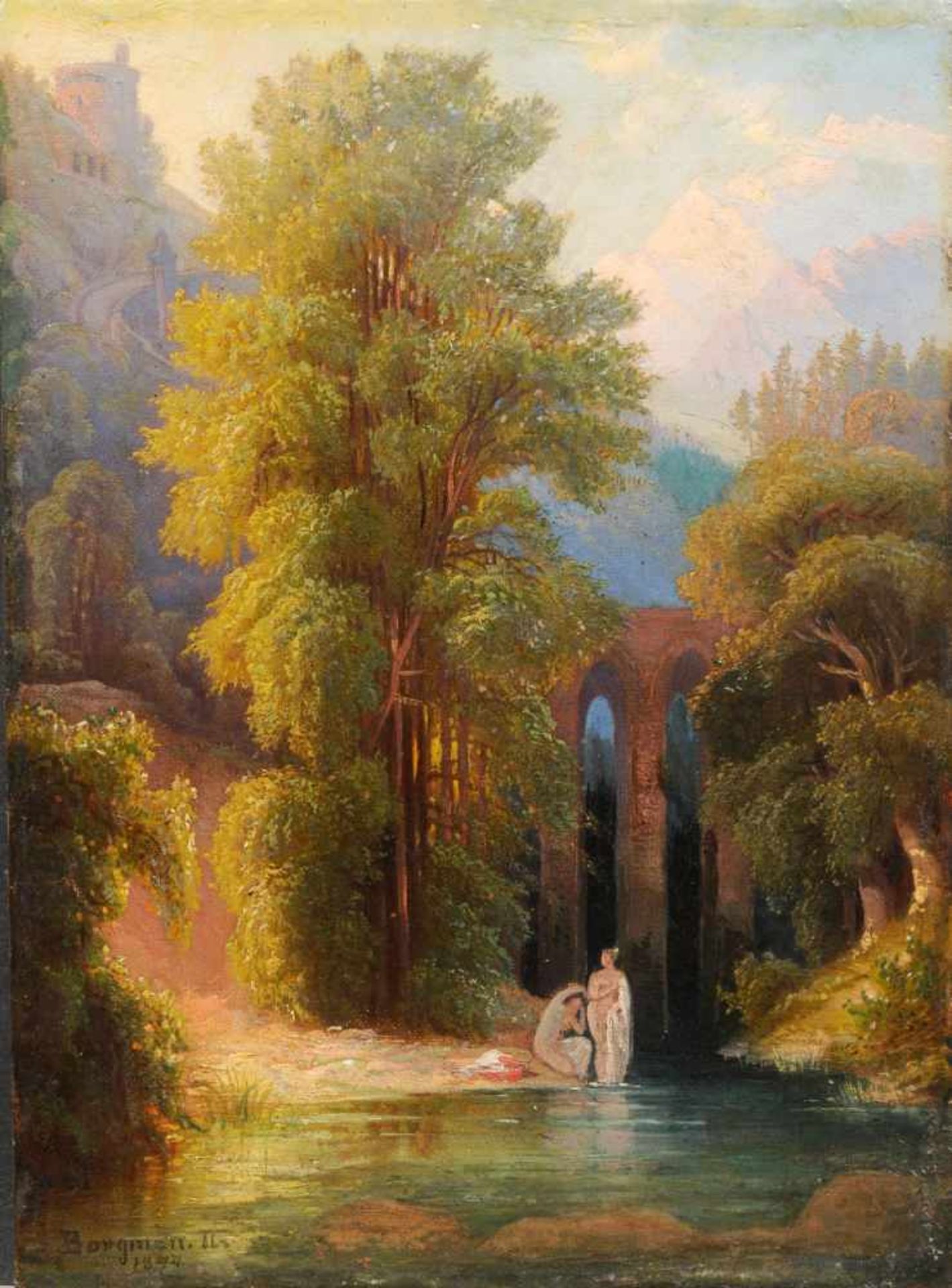 Paul Borgmann, Arkadische Landschaft mit badenden Mädchen. 1874.<