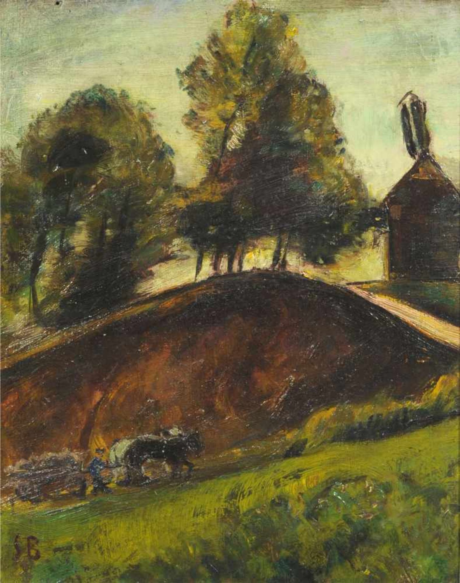 Siegfried Berndt, Oberlausitzer Landschaft mit Acker und Pferdefuhrwerk. Nach 1920.