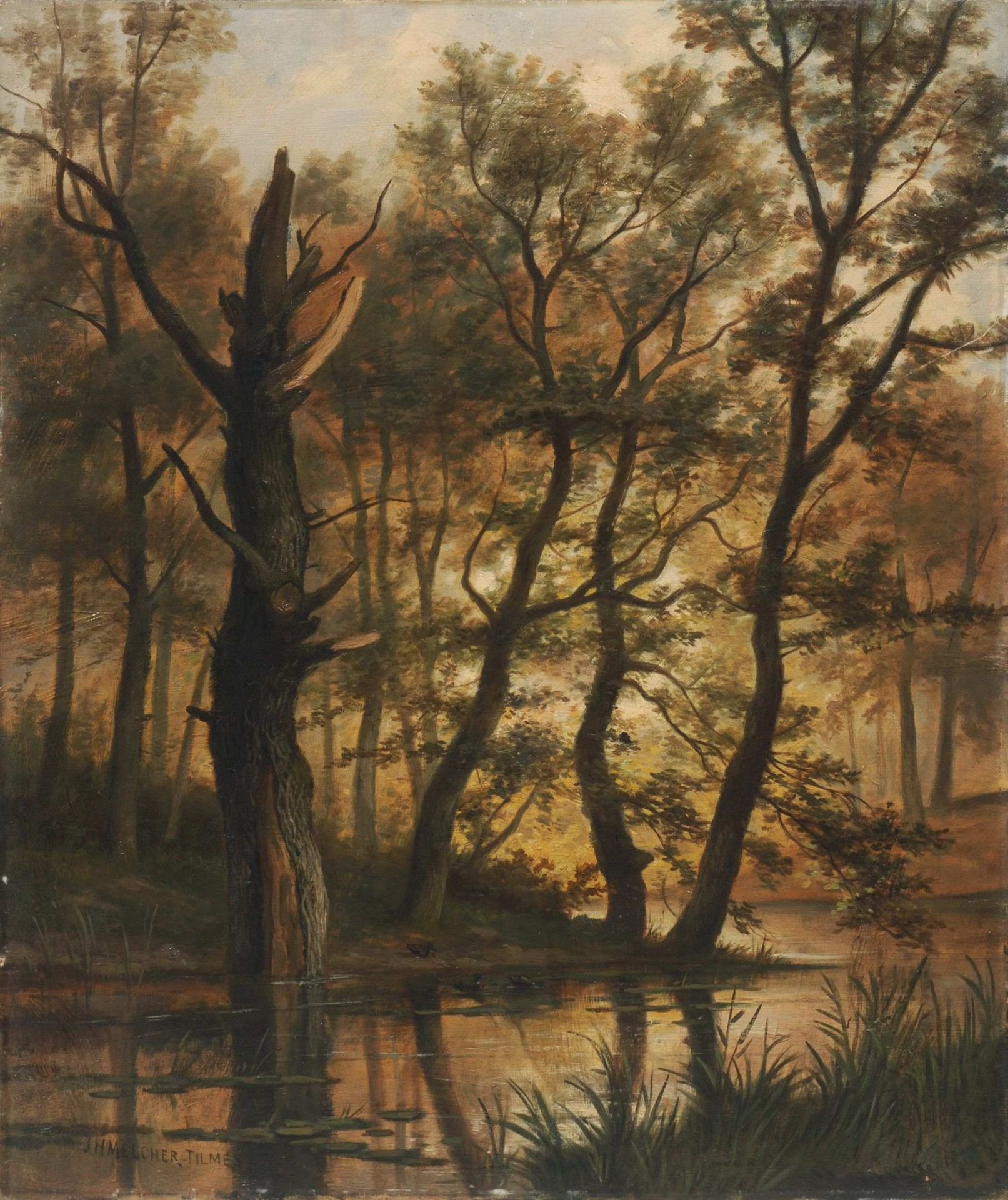 Jan Hermanus Melcher-Tilmes, Abendliche Waldlandschaft bei Neder Hemert, Niederlande. Wohl Spätes