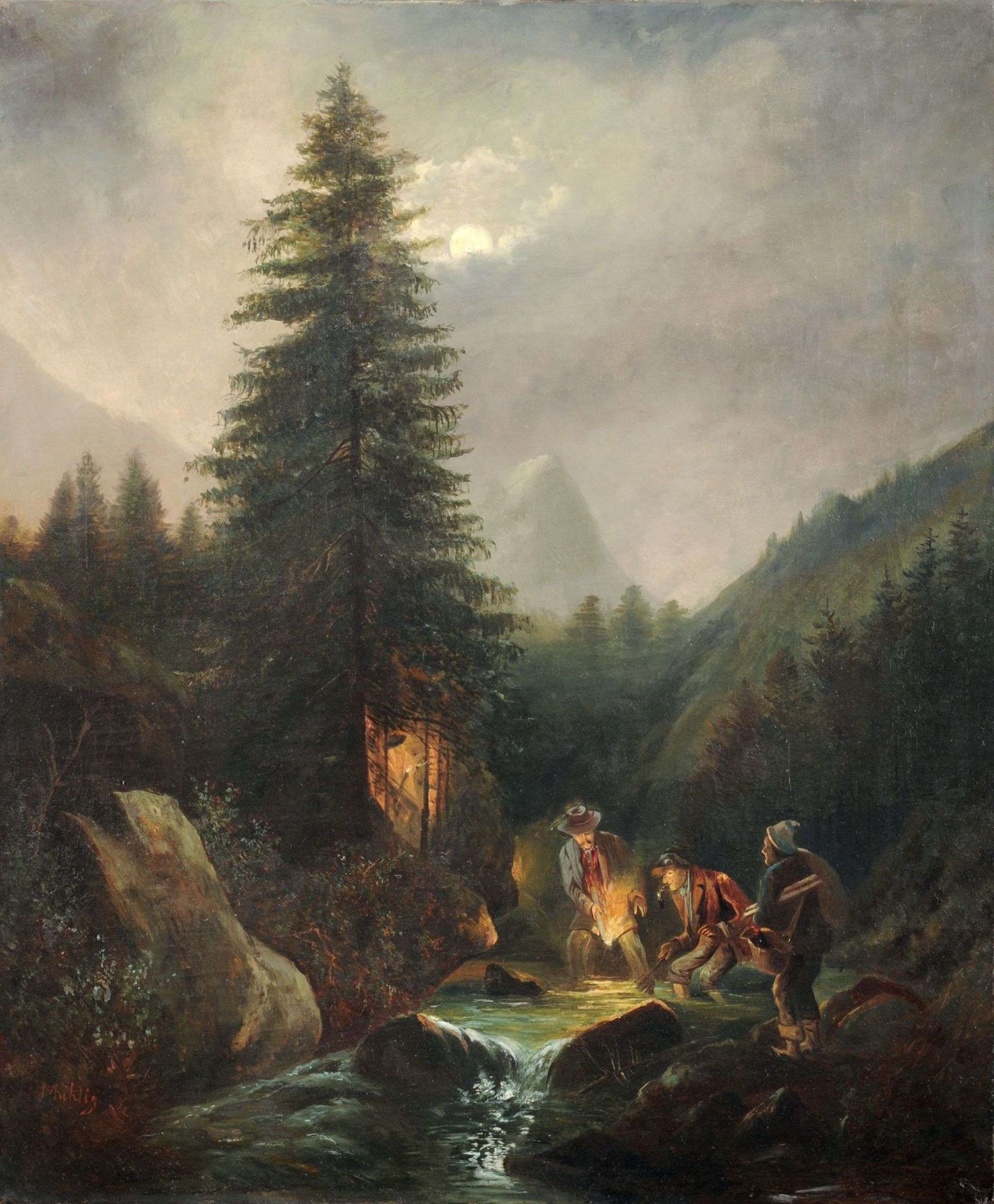 Meno Mühlig, Fischer am Wildbach in einer Vollmondnacht. 1850er Jahre.