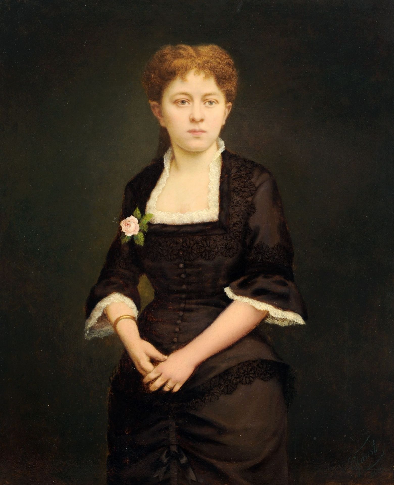 O. Faust (?), Porträt einer jungen Dame in schwarzem Kleid. 1883.