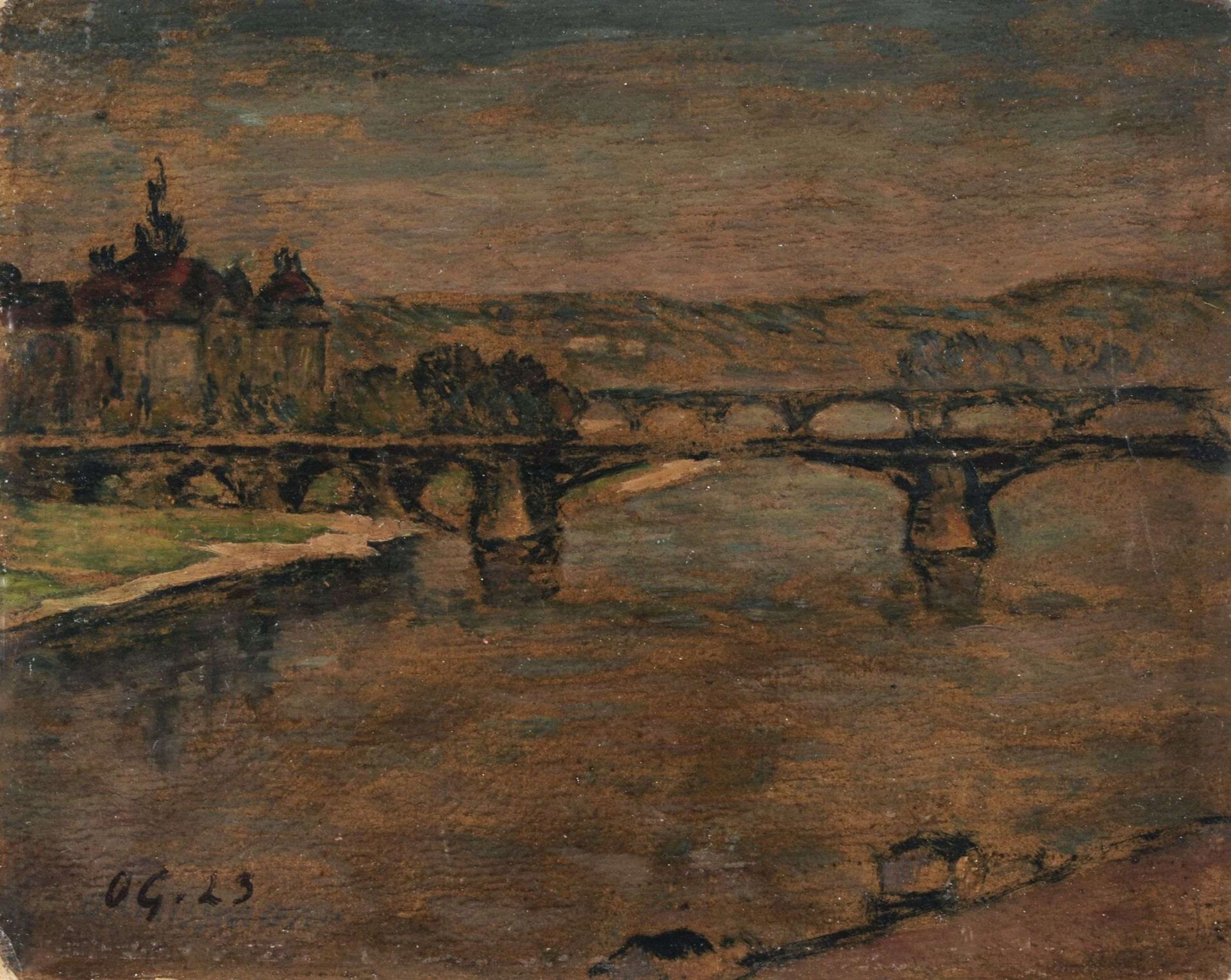 Otto Gussmann, Dresden  Blick auf Carola- und Albertbrücke mit dem Ministerialgebäude. 1923.Otto