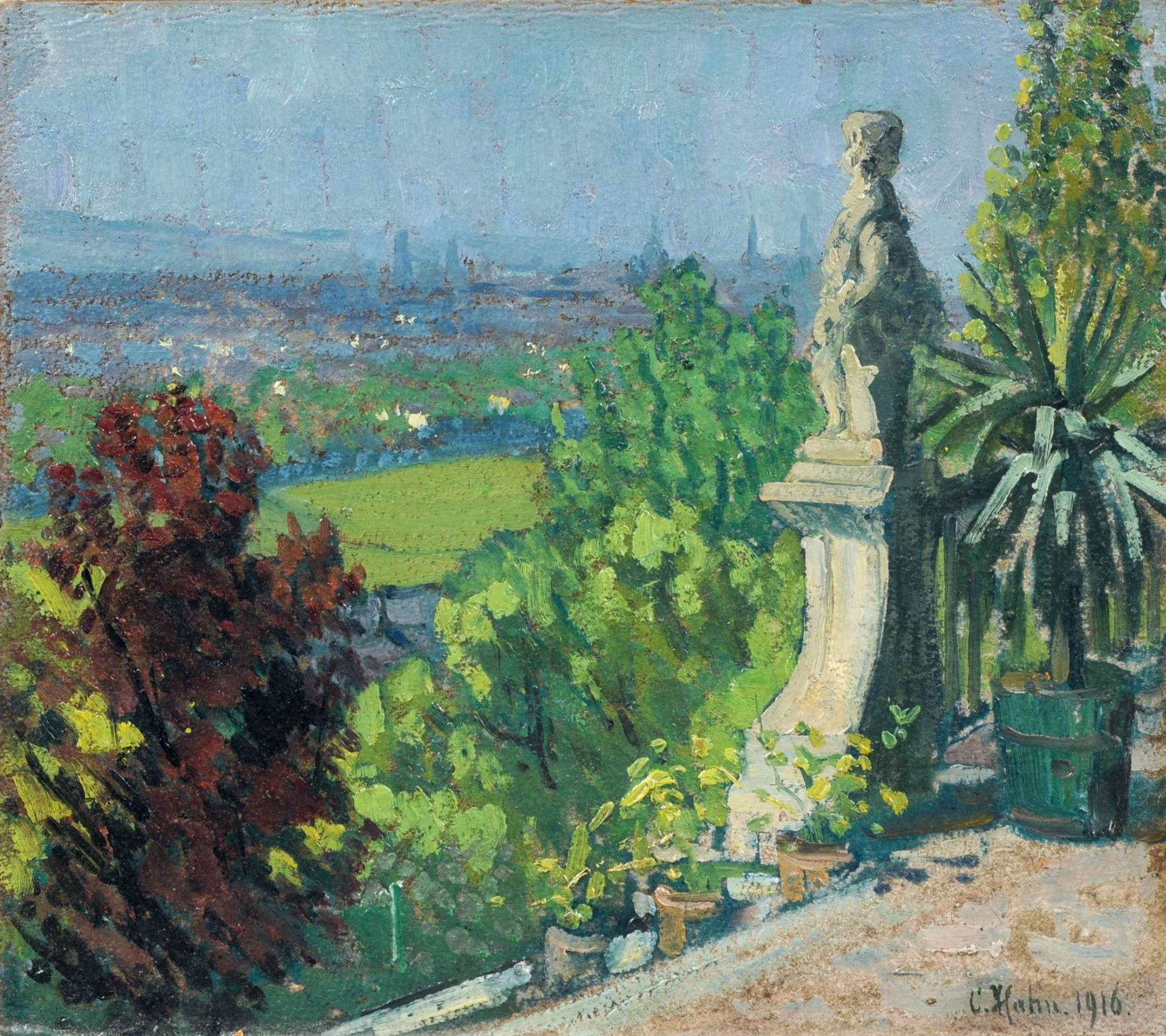 Clementine Hahn, Blick vom Schloss Albrechtsberg über die Elbe auf Dresden. 1916.