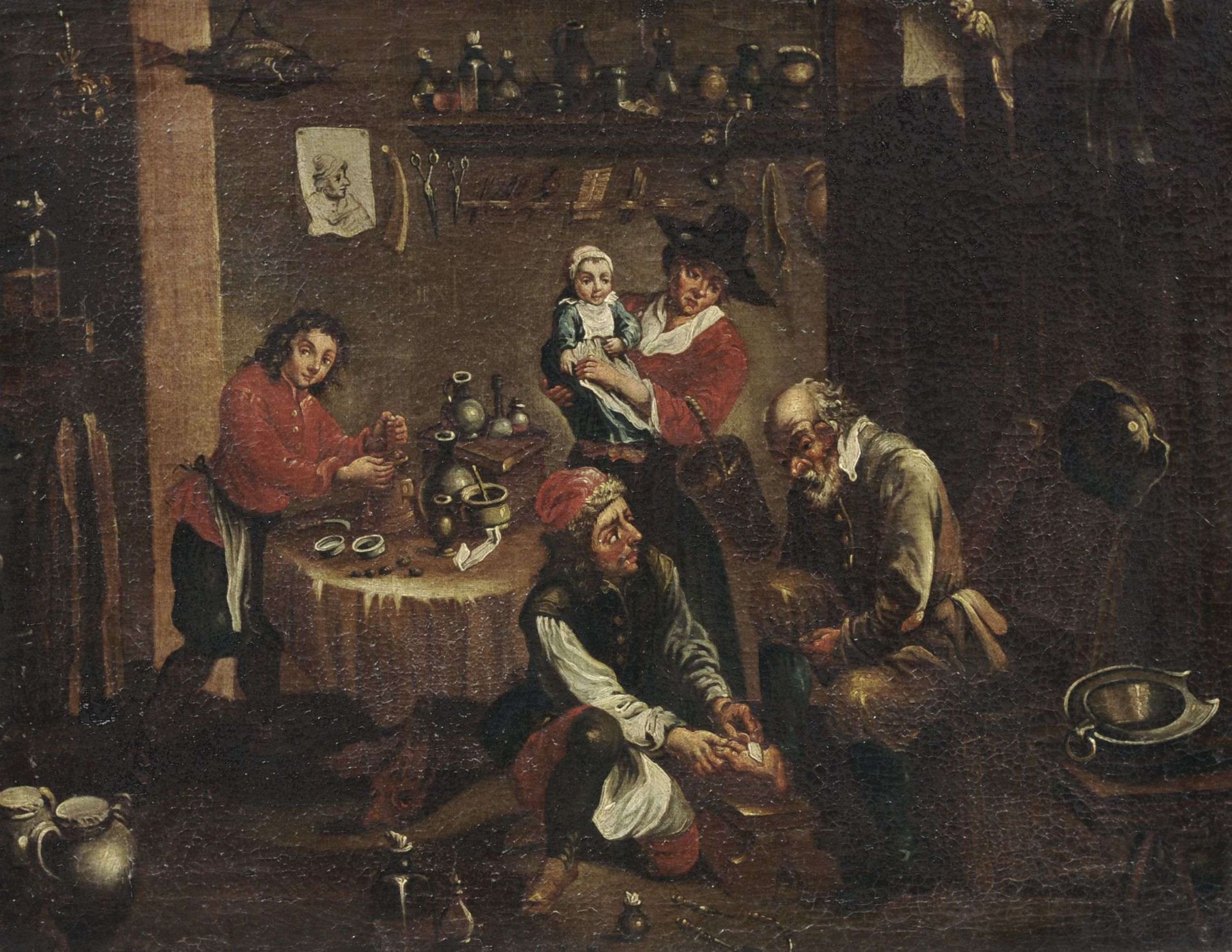 David Teniers d.J. (Nachfolger), Behandlung eines Fußkranken in einer Baderstube. Wohl spätes 17.
