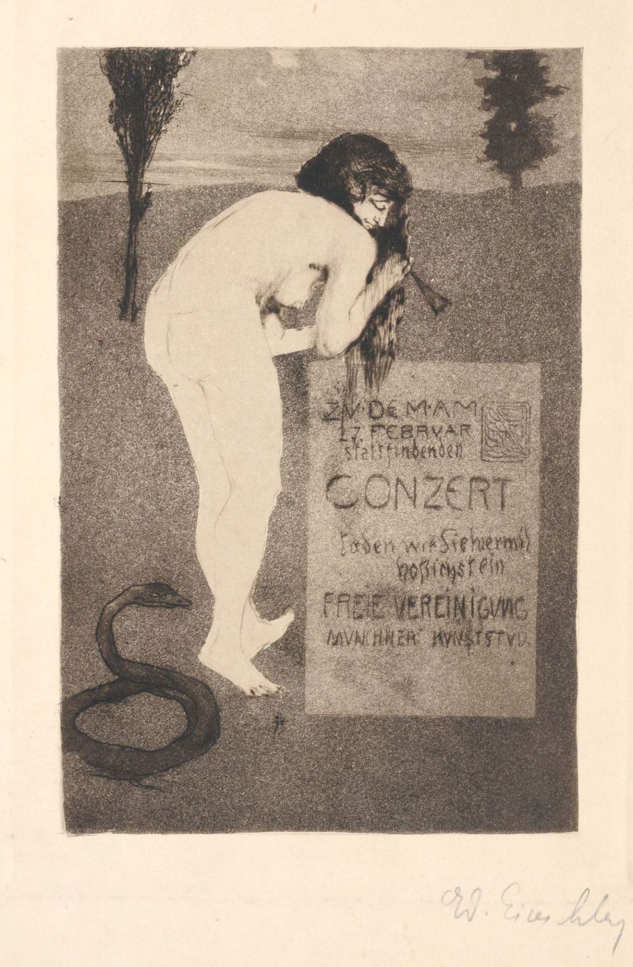 Eduard Einschlag, Weiblicher Rückenakt / Weiblicher Akt mit Flöte und Schlange (Konzerteinladung).