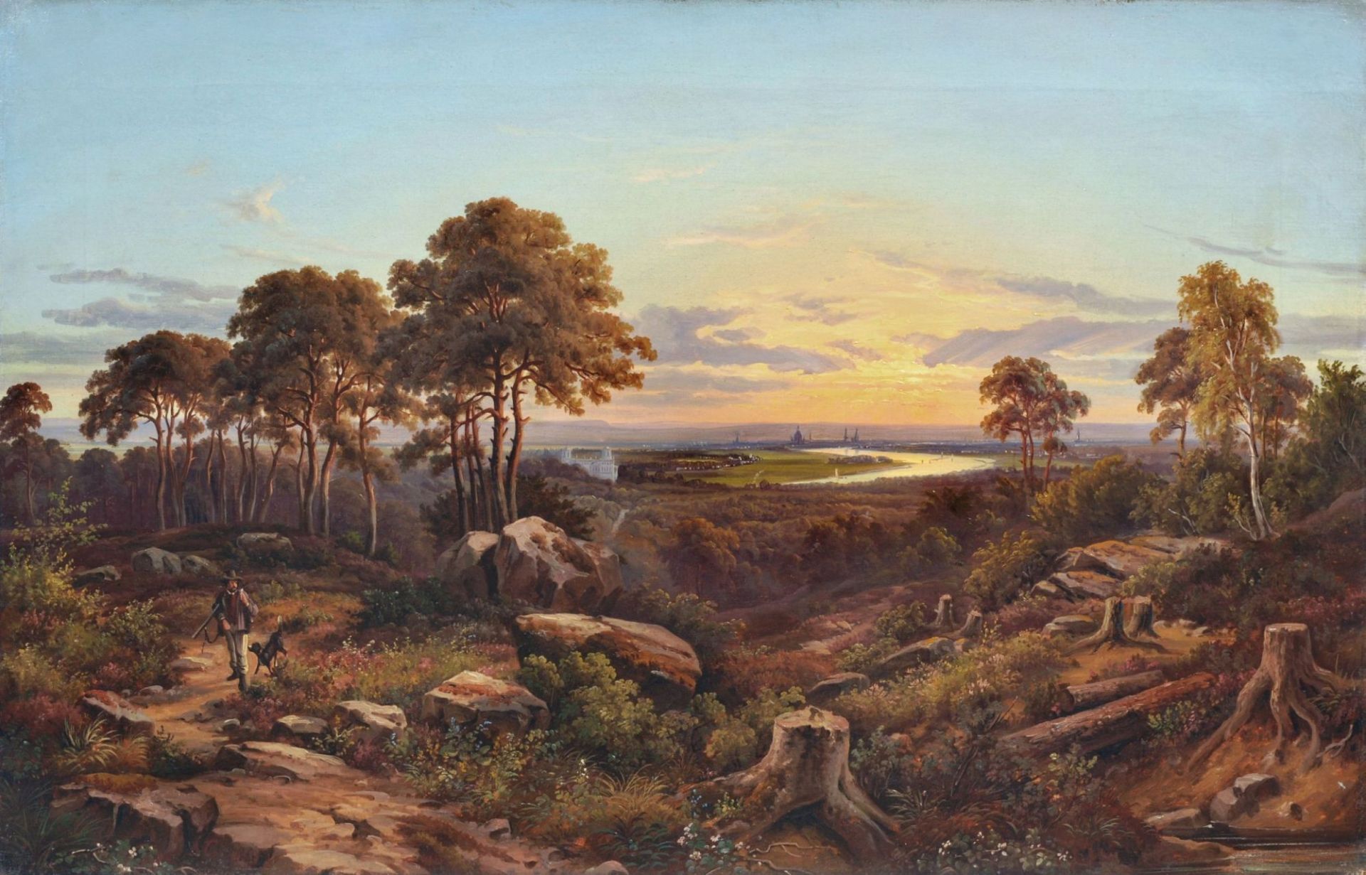 Johann Anton Castell, Blick vom Wolfshügel auf Dresden im Abendlicht. 1863.