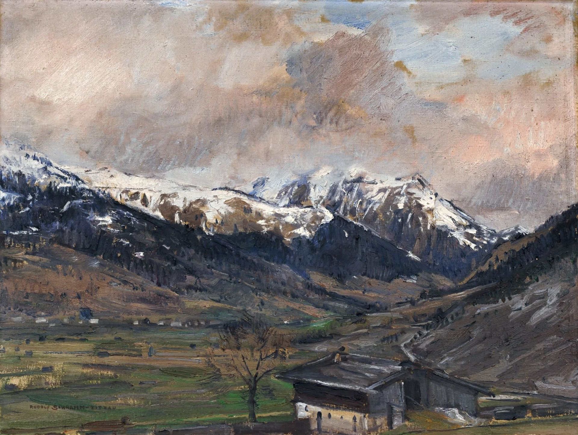 Rudolf Schramm-Zittau "Frühlingserwachen im Hochgebirge" (Tiroler Landschaft ?). Wohl 1920er / frühe