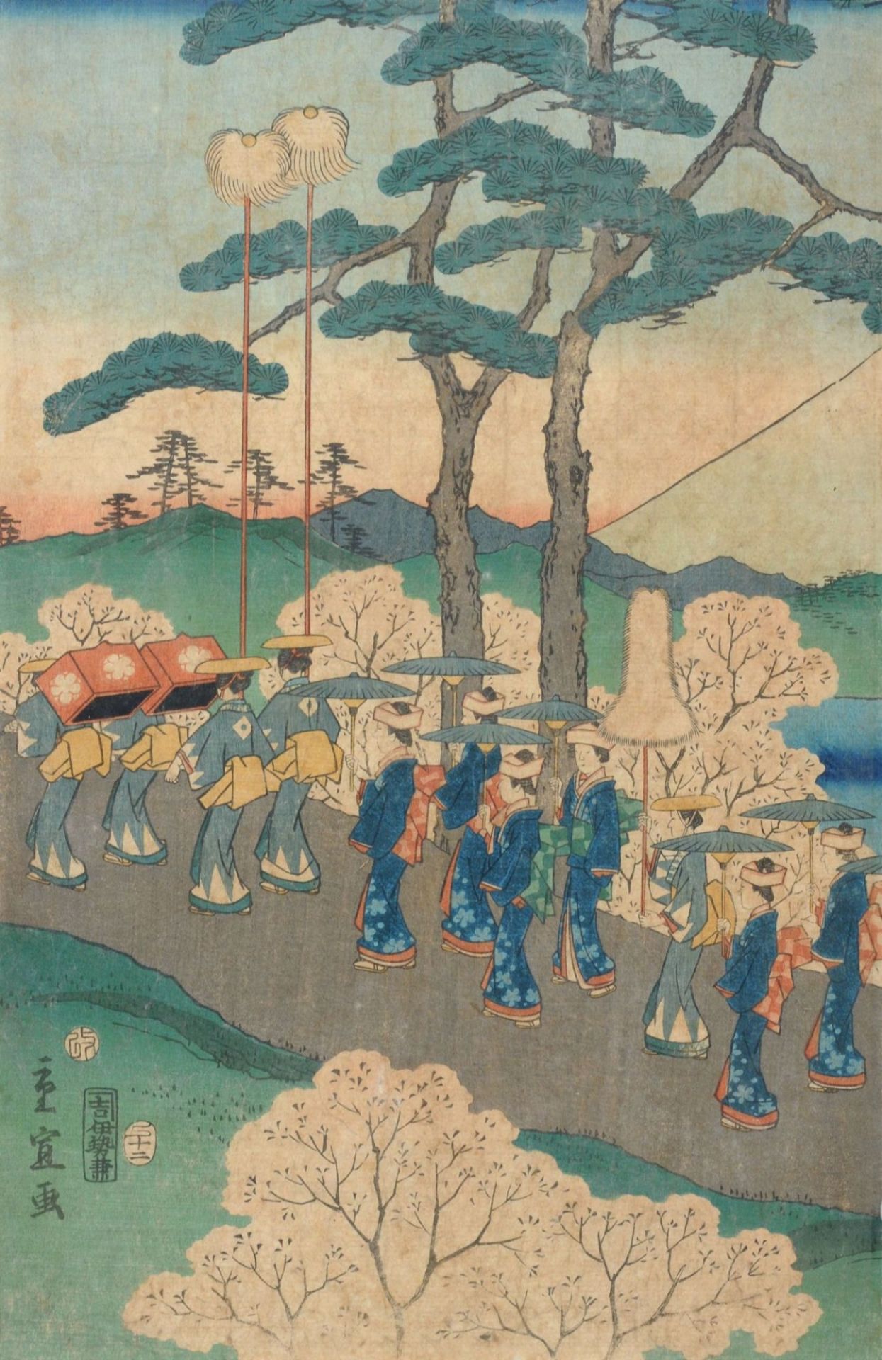 Utagawa Hiroshige II, Prozession vor dem Berg Fuji mit Kirschblüte. 12. Monat 1857.