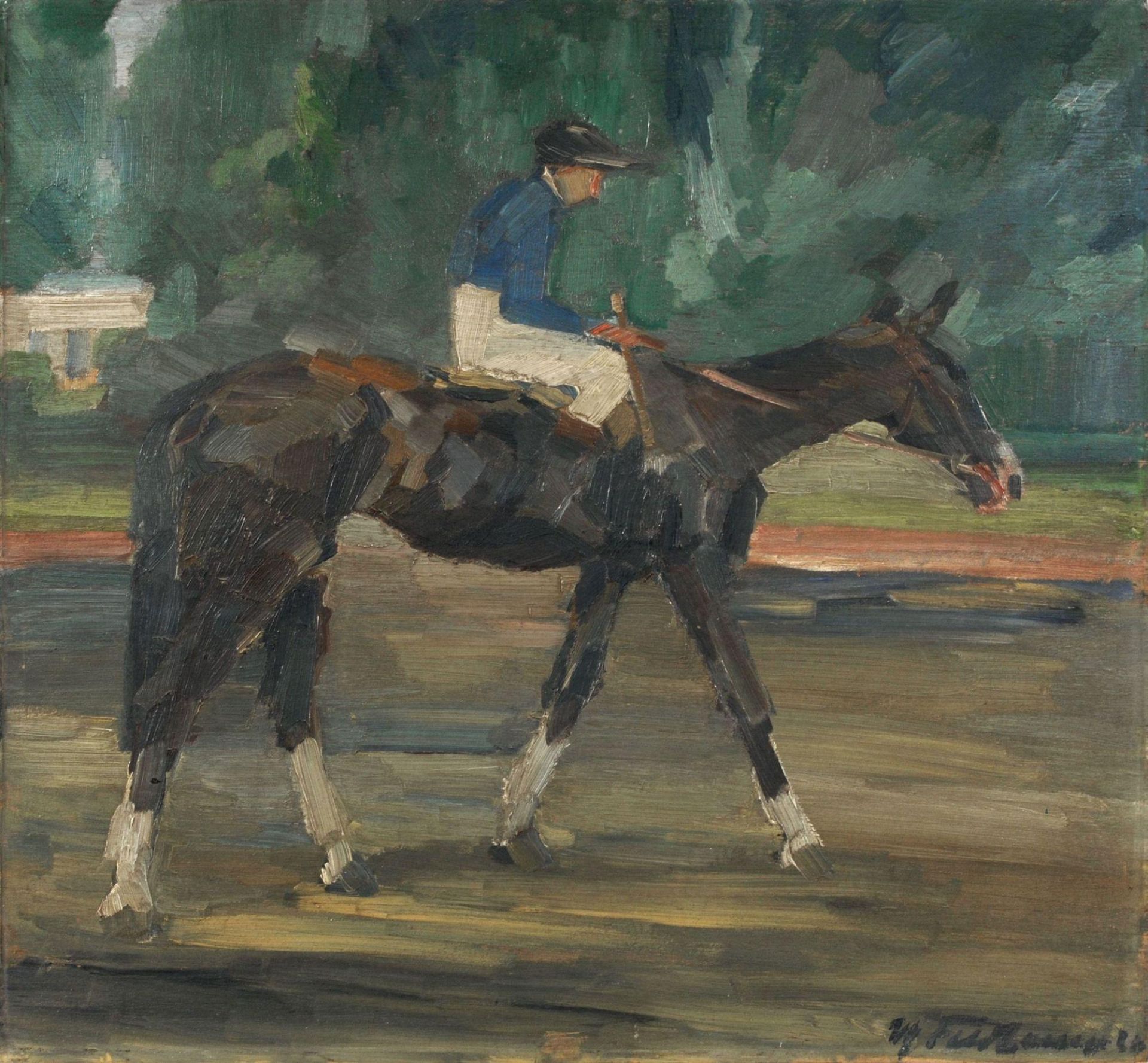 Max Feldbauer, Jockey, auf einem Pferd sitzend. Wohl 1920.