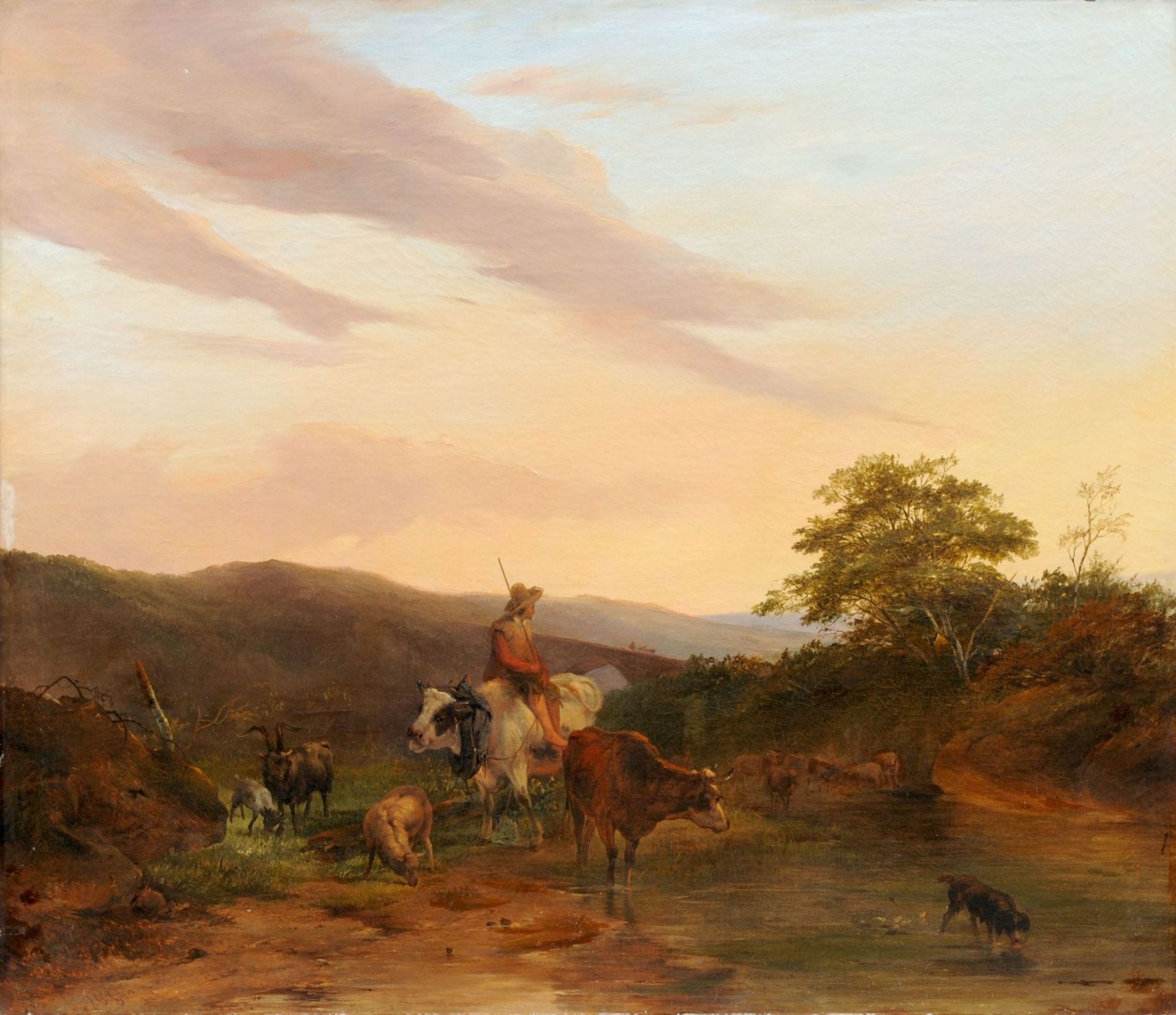 Jacobus Pelgrom, Abendliche Landschaft mit einem Hirten. Wohl 1844.