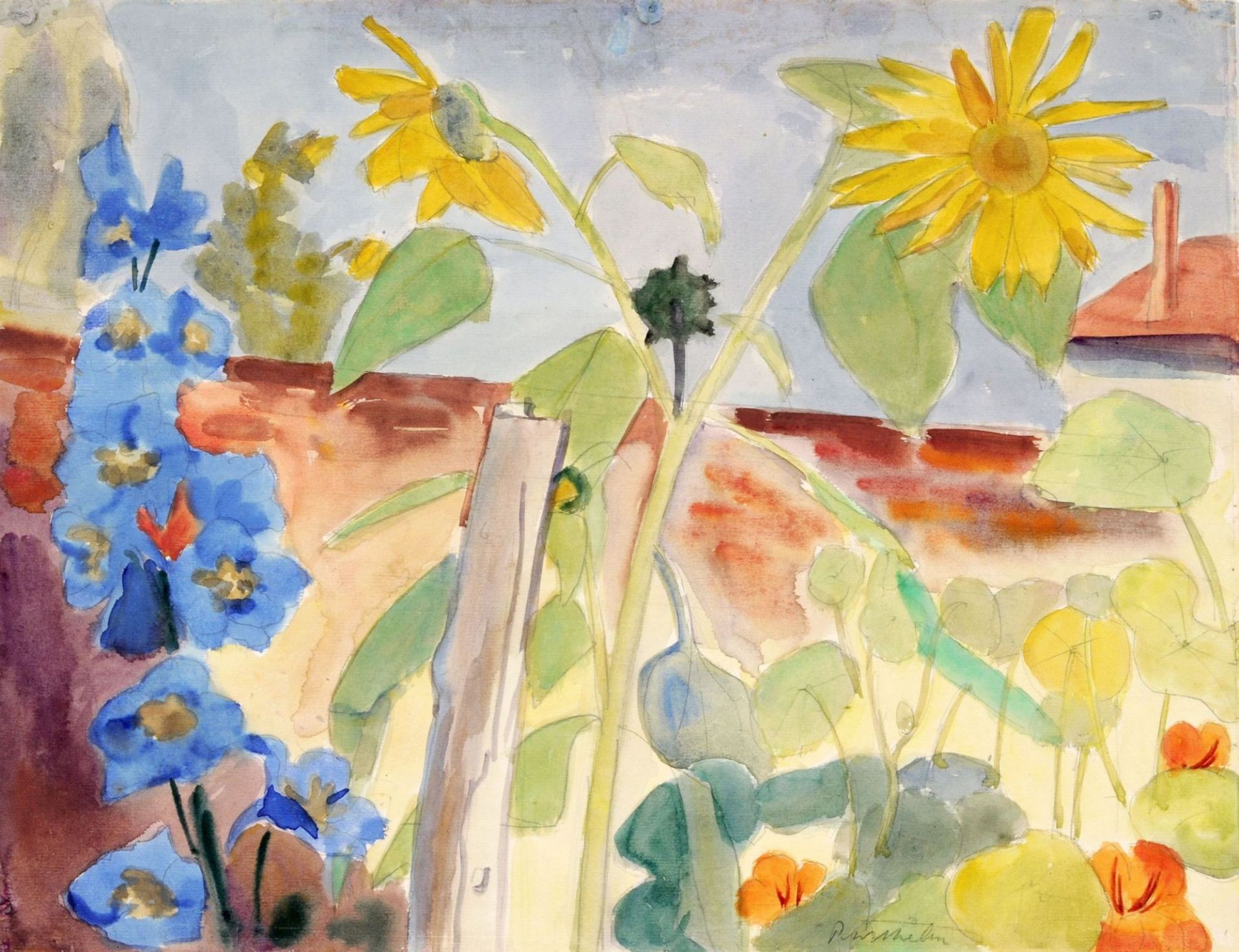 Paul Wilhelm "Rittersporn und Sonnenblumen". Um 1935.