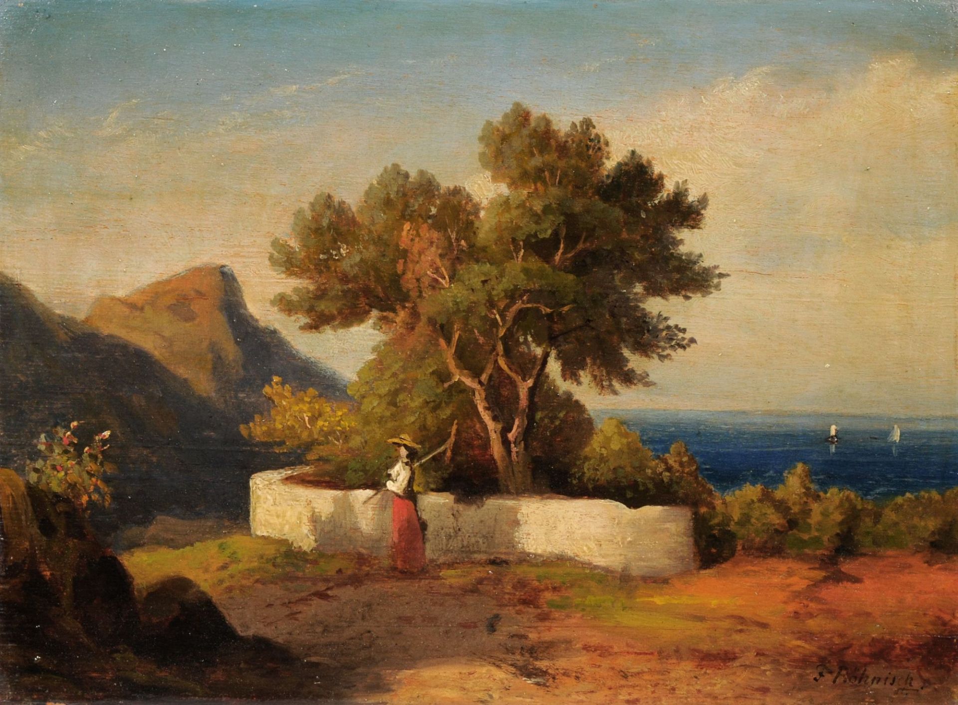 F. Rönisch, Bauernhäuser am Weiher / Mediterrane Landschaft. Wohl um 1880.