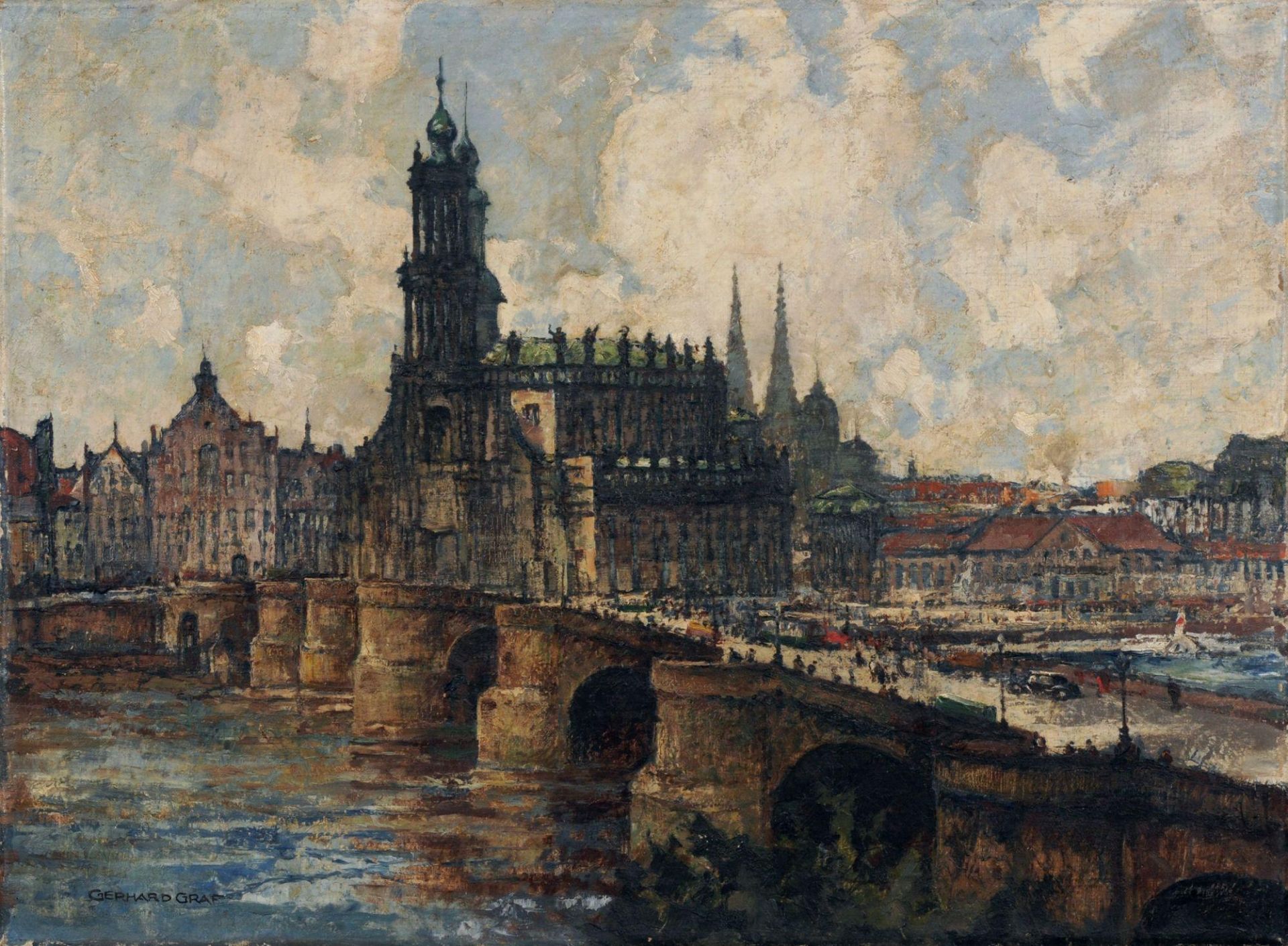 Gerhard Graf, Dresden  Blick über die Elbe auf Augustusbrücke und Hofkirche. Wohl um 1930.</b