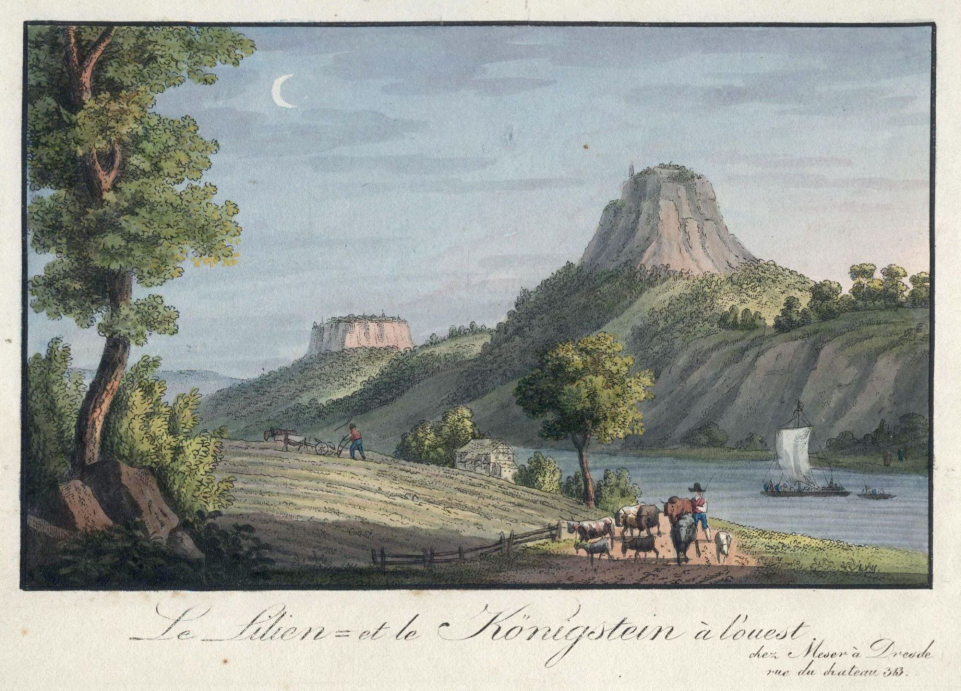 C. F. Meser "Le Lilienstein = et le Königstein á l'ouest". Um 1830.