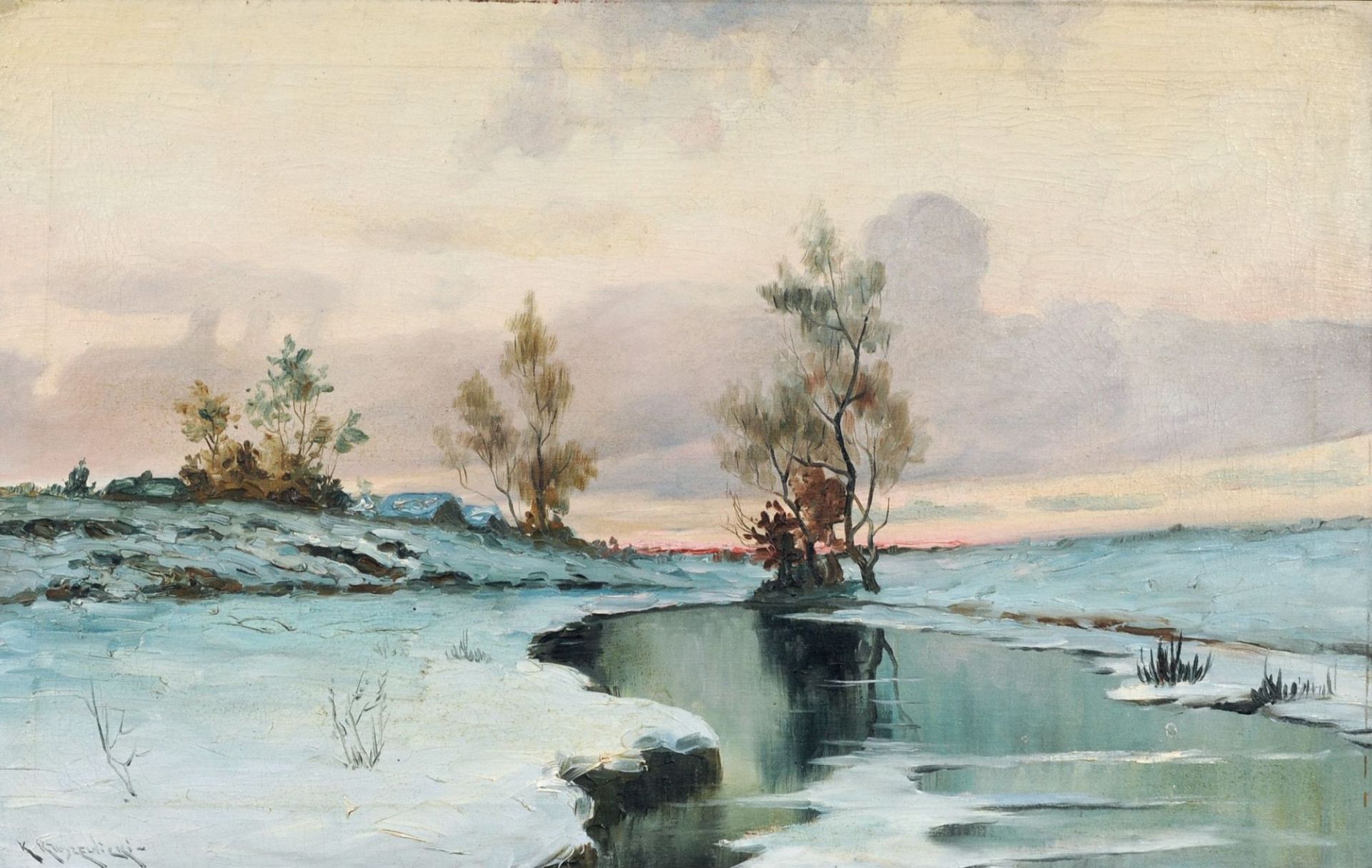 K. Kruszelnicki, Winterliche Dorflandschaft am Fluss. Frühes 20. Jh.