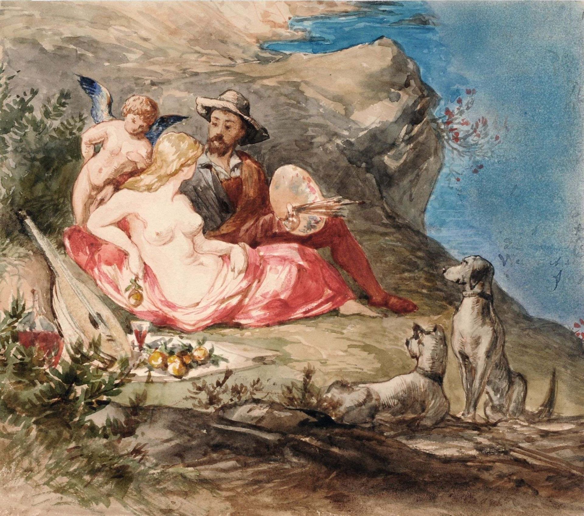 Paul Antoine Hertl (zugeschr.), Maler und Modell. Um 1850.