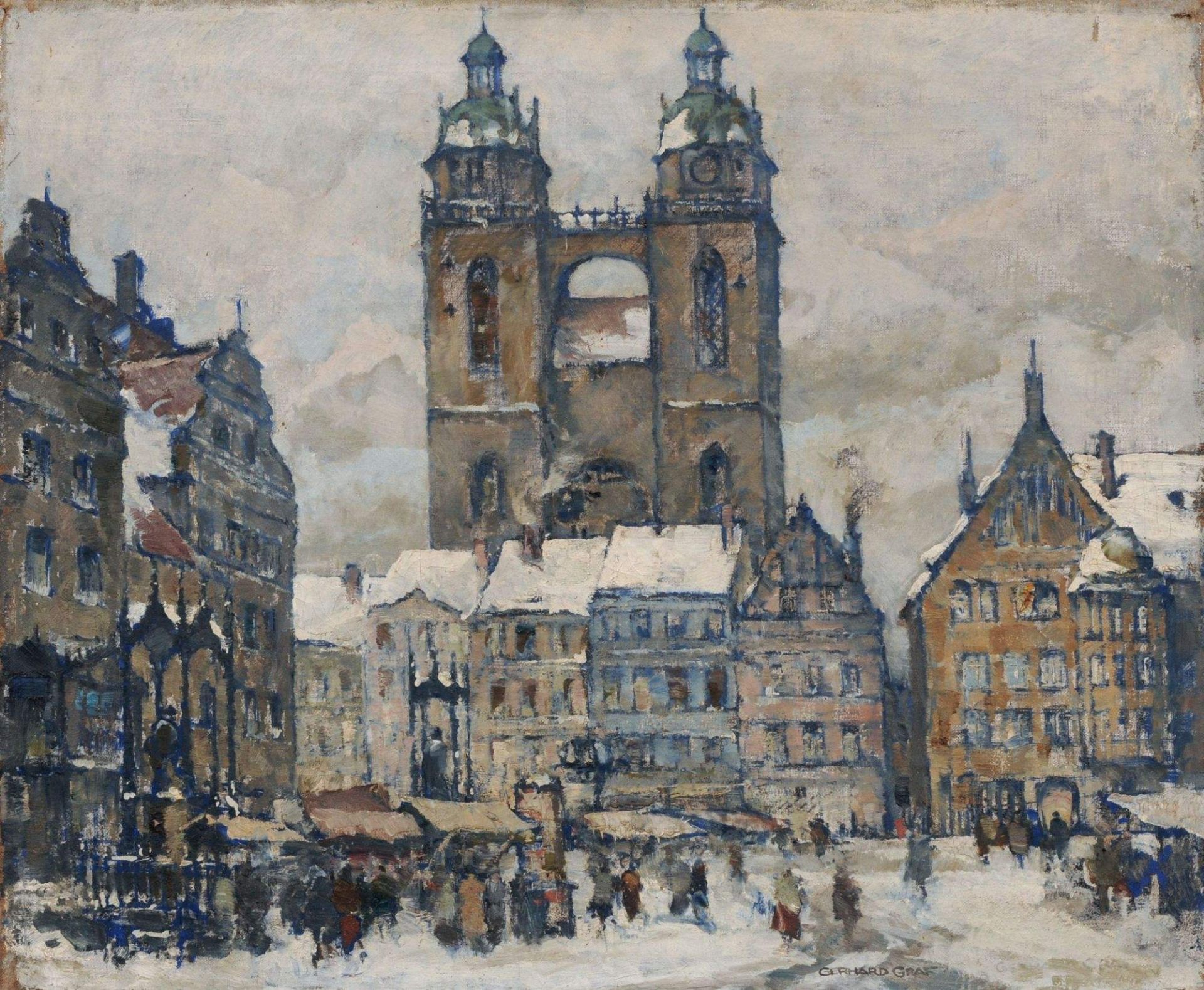 Gerhard Graf, Wittenberg  Blick auf den Marktplatz mit Stadtkirche und Lutherdenkmal. Wohl um 1