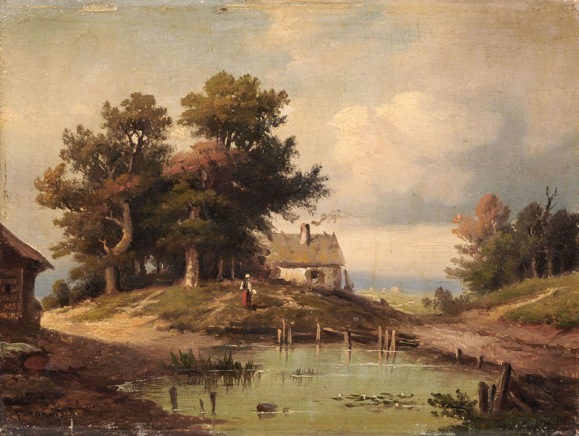 F. Rönisch, Bauernhäuser am Weiher / Mediterrane Landschaft. Wohl um 1880. - Image 2 of 4