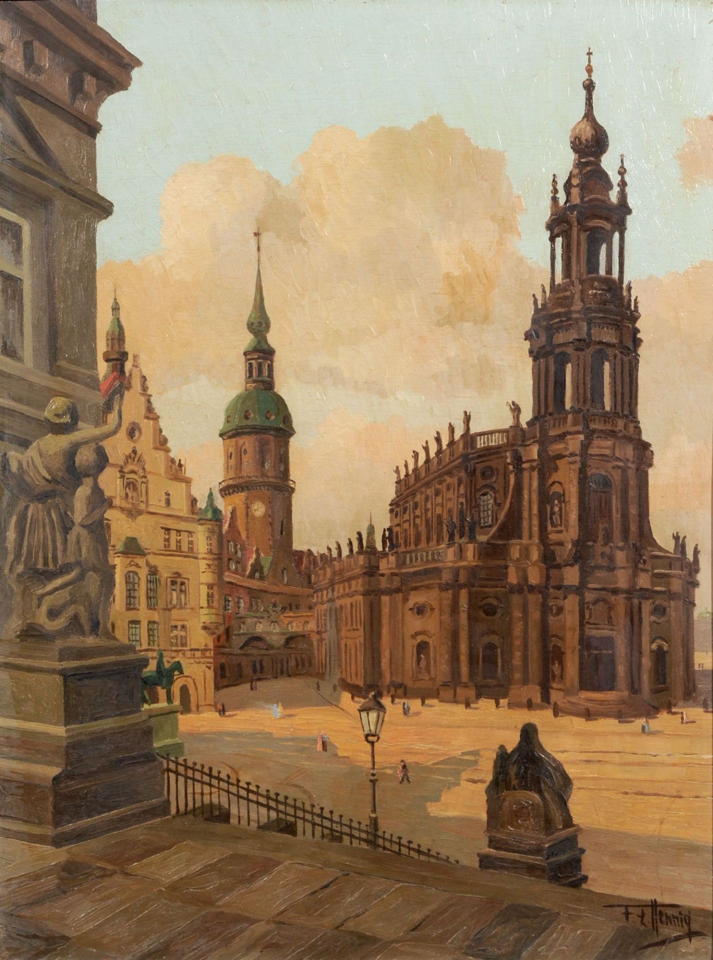 Fritz Leopold Hennig, Dresden  Blick von der Brühlschen Terrasse auf Hofkirche und Georgentor.