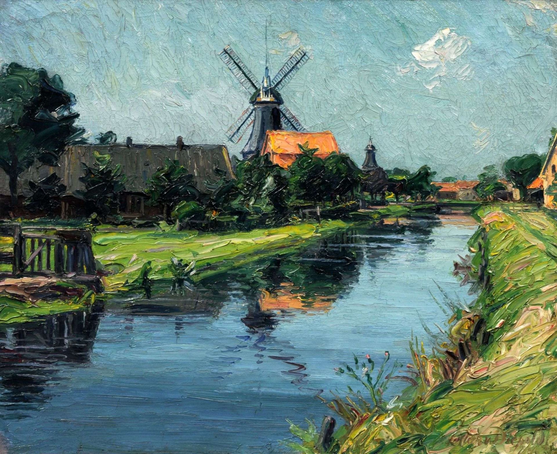 Julian Klein von Diepold, Ostfriesische Landschaft mit Kanal und Windmühle. Wohl um 1920.