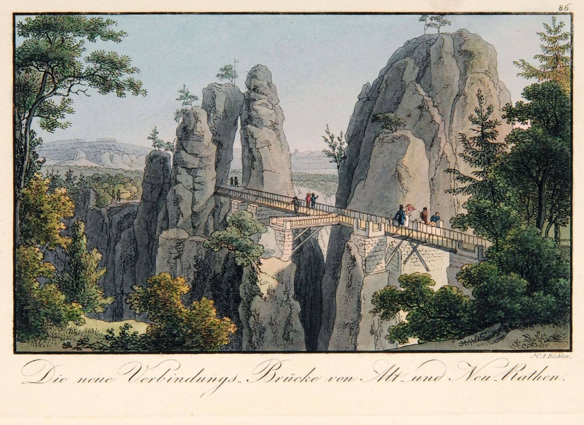 Johann Carl August Richter "Die neue Verbindungs- Brücke von Alt- und Neu- Rathen". Um 1830.