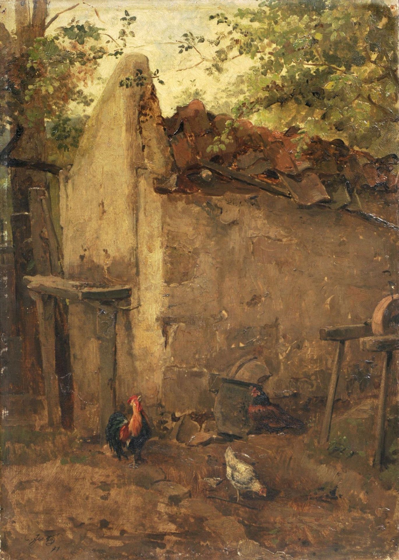 Carl Jutz d.Ä., Hühner vor einem Stall. 1877.