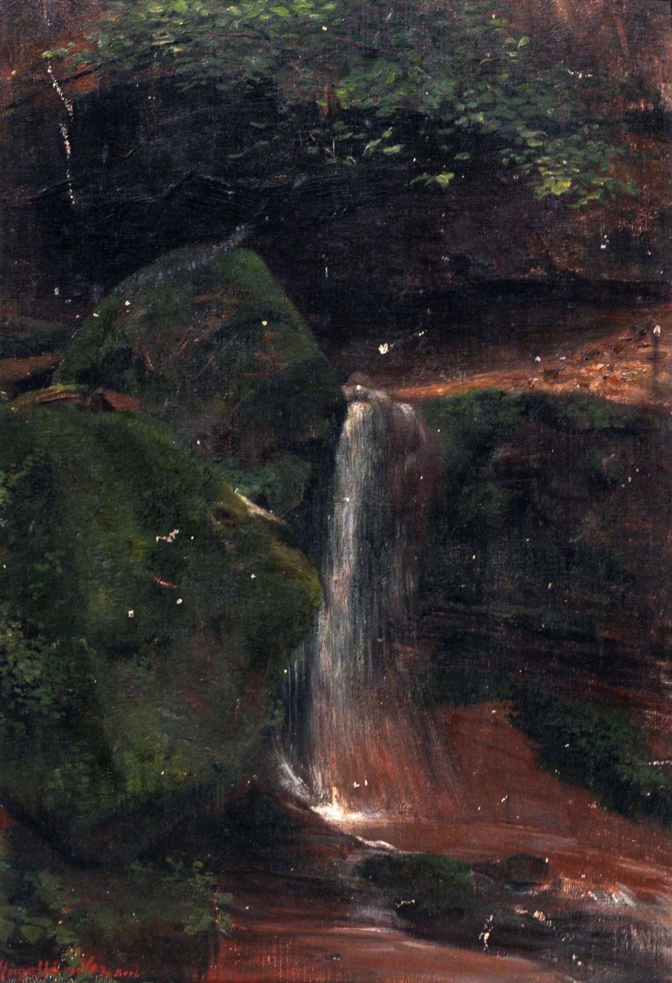 Hugo Händler, Bachlauf im Wald mit moosigen Felsen. 1900.
