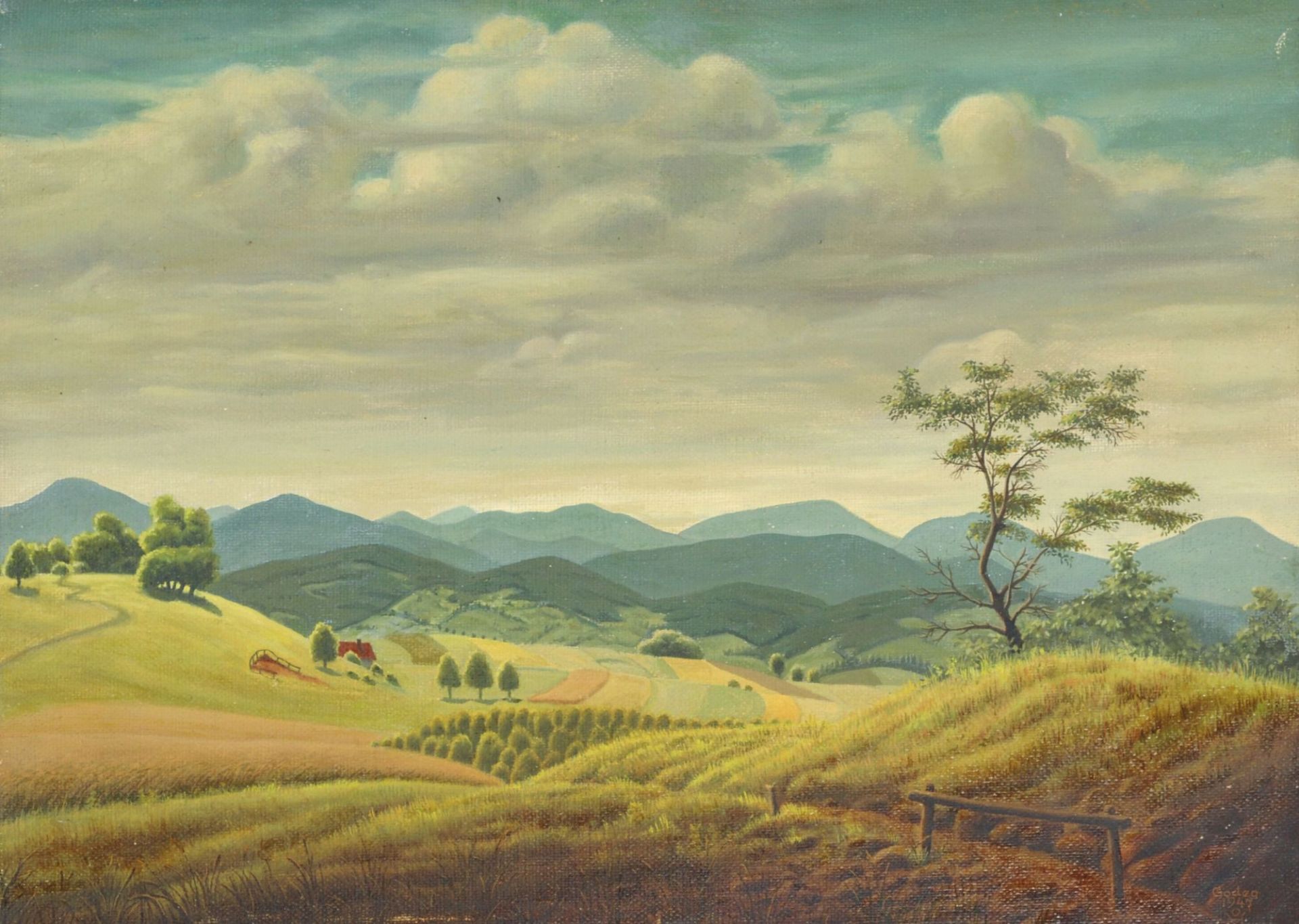 Karl Godeg, Blick aus der Gegend von Regen auf die Gebirgskette des Bayrischen Waldes. 1947.