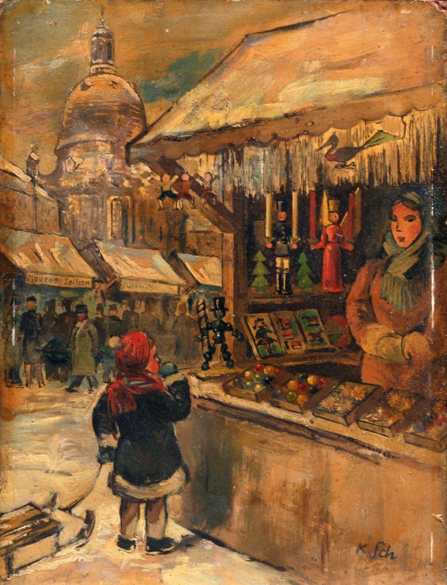 Kurt Schuster, Weihnachtsmarkt auf dem Neumarkt in Dresden. Um 1940.