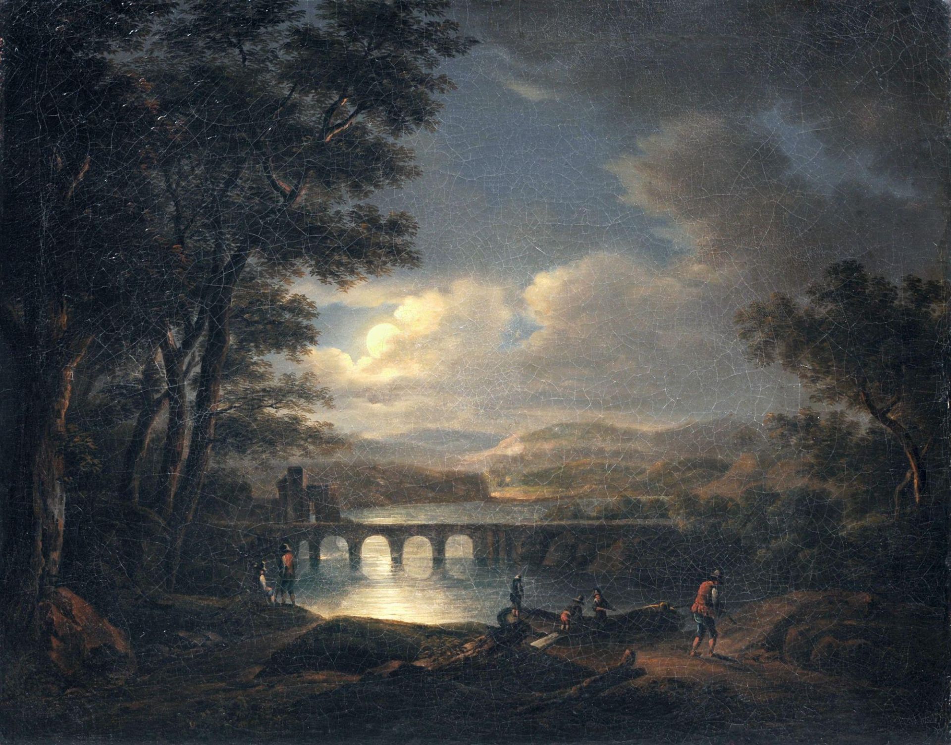 Aert van der Neer (Nachfolger), Flusslandschaft mit Bogenbrücke und Boot im Mondschein. Mitte 18