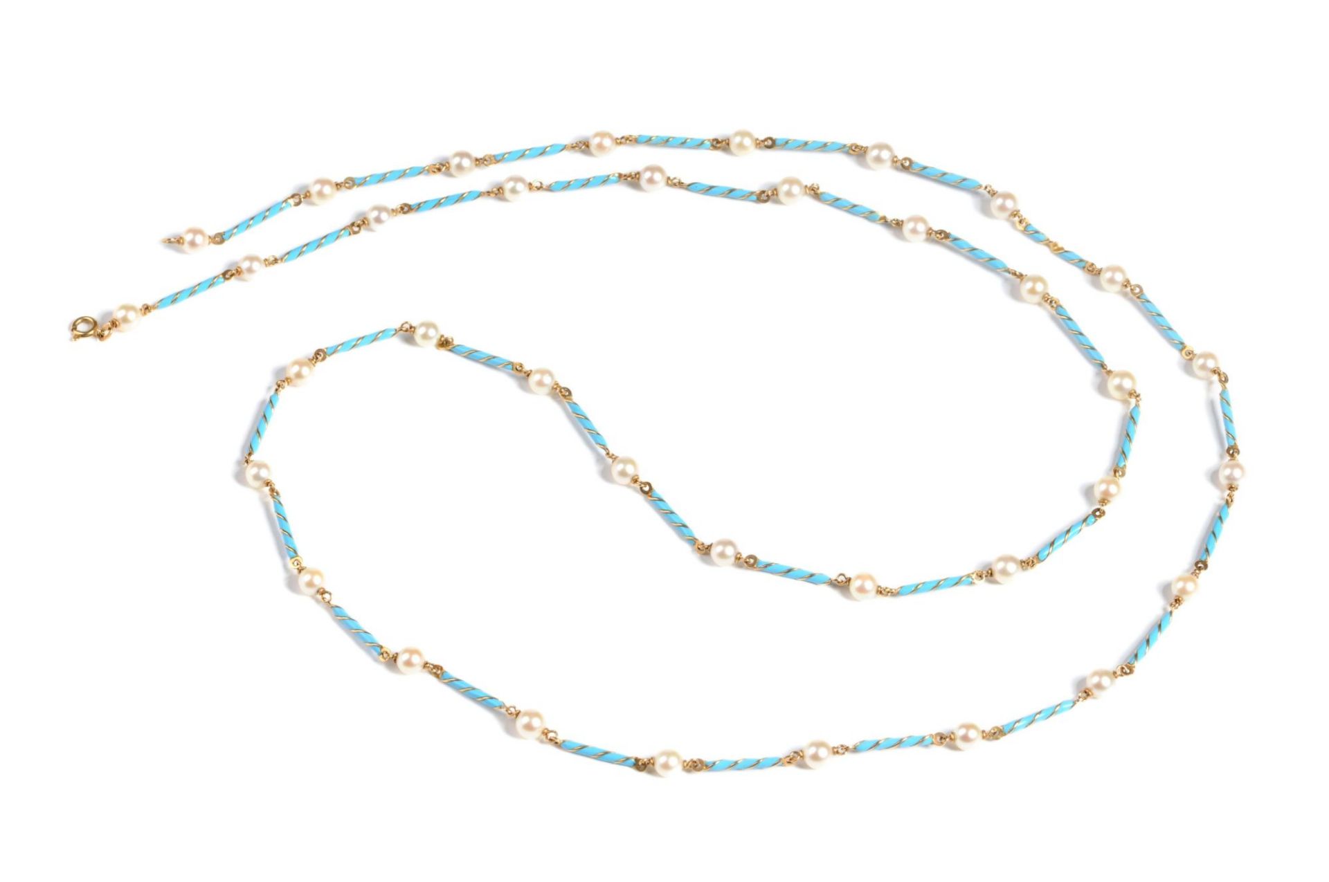 Lange Kette mit Perlen und türkisfarben emaillierten Zwischengliedern. Fabor, Sansepolcro, Arezz