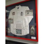 England replica signed jersey and 5 photos of Sir Tom Finney, 41in w x 40in hgt purchased at