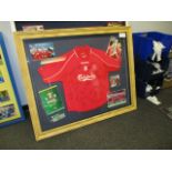 Liverpool signed 2000/01 limited edition treble winners shirt with 32 signatures, team photo and