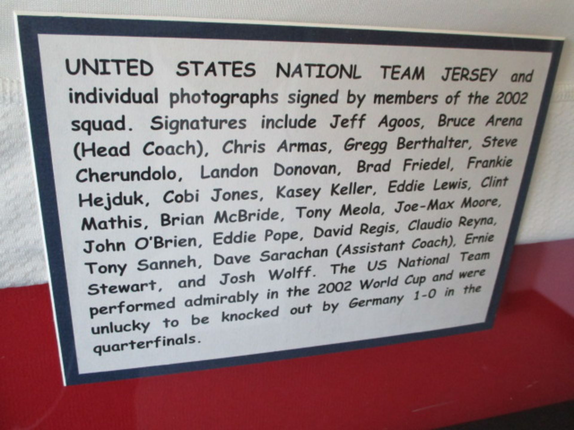 United States National Team signed jersey and photos of 2002 World Cup team, (36-1/2in w x 35in hgt) - Image 3 of 3