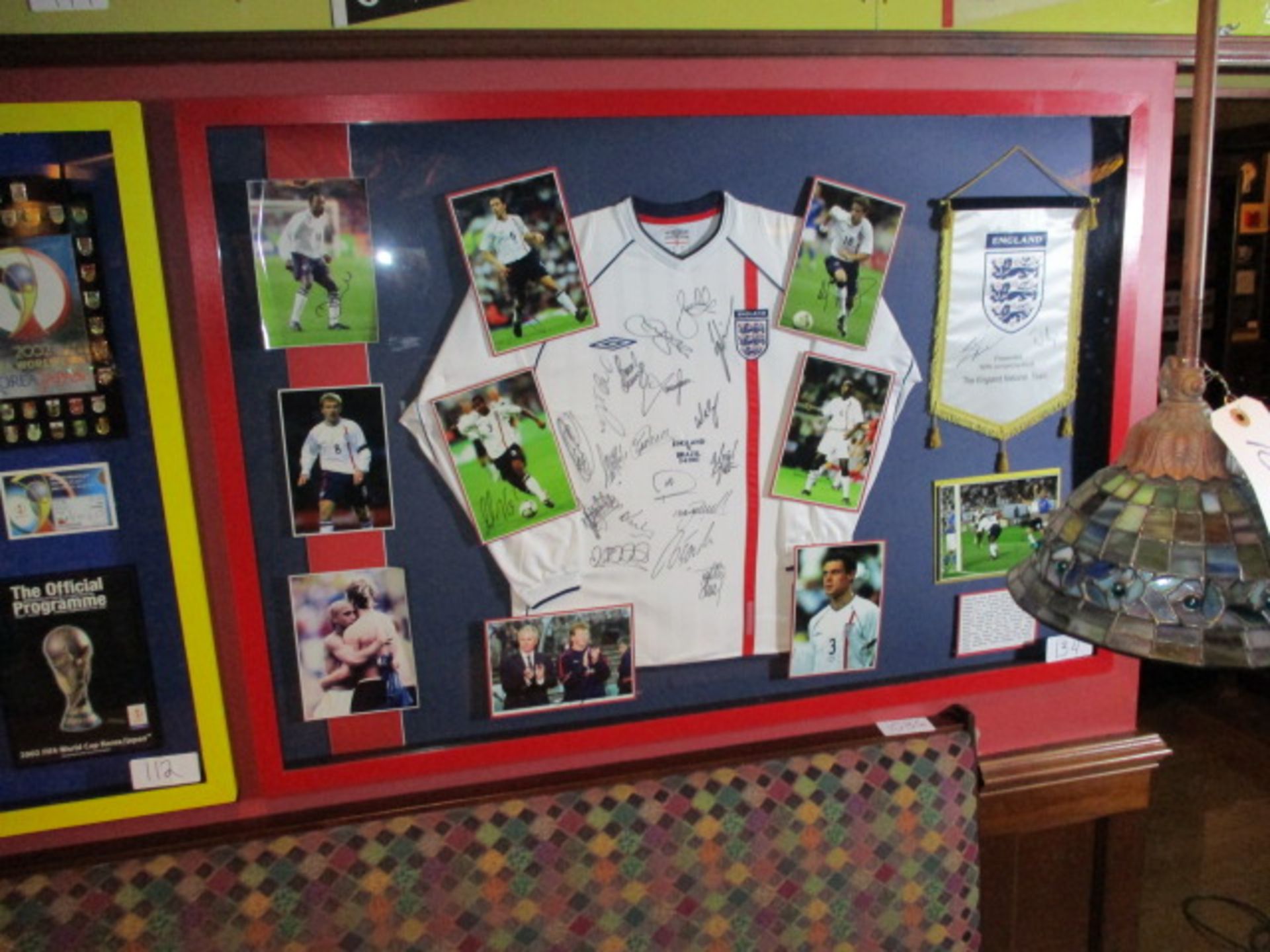 England v Brazil 2002 World Cup signed replica jersey with signed individual photos and pennant,