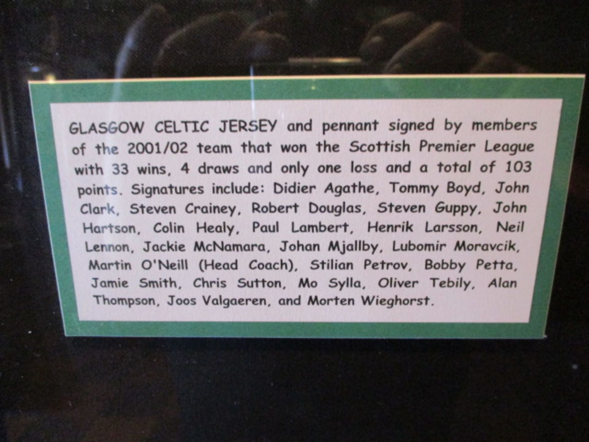 Glasgow Celtic jersey, pennant and 12 photos signed by 2001/02 team that won Scottish Premier - Image 2 of 2