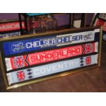 LOT OF 3 scarf framed, 61-1/2"in w x 28in hgt - Chelsea, Sunderland, Coventry City ***Note from