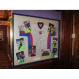 F.C. Barcelona 2001/02 signed jersey and 8 individual signed photos, 48in w x 41in hgt 15 signatures