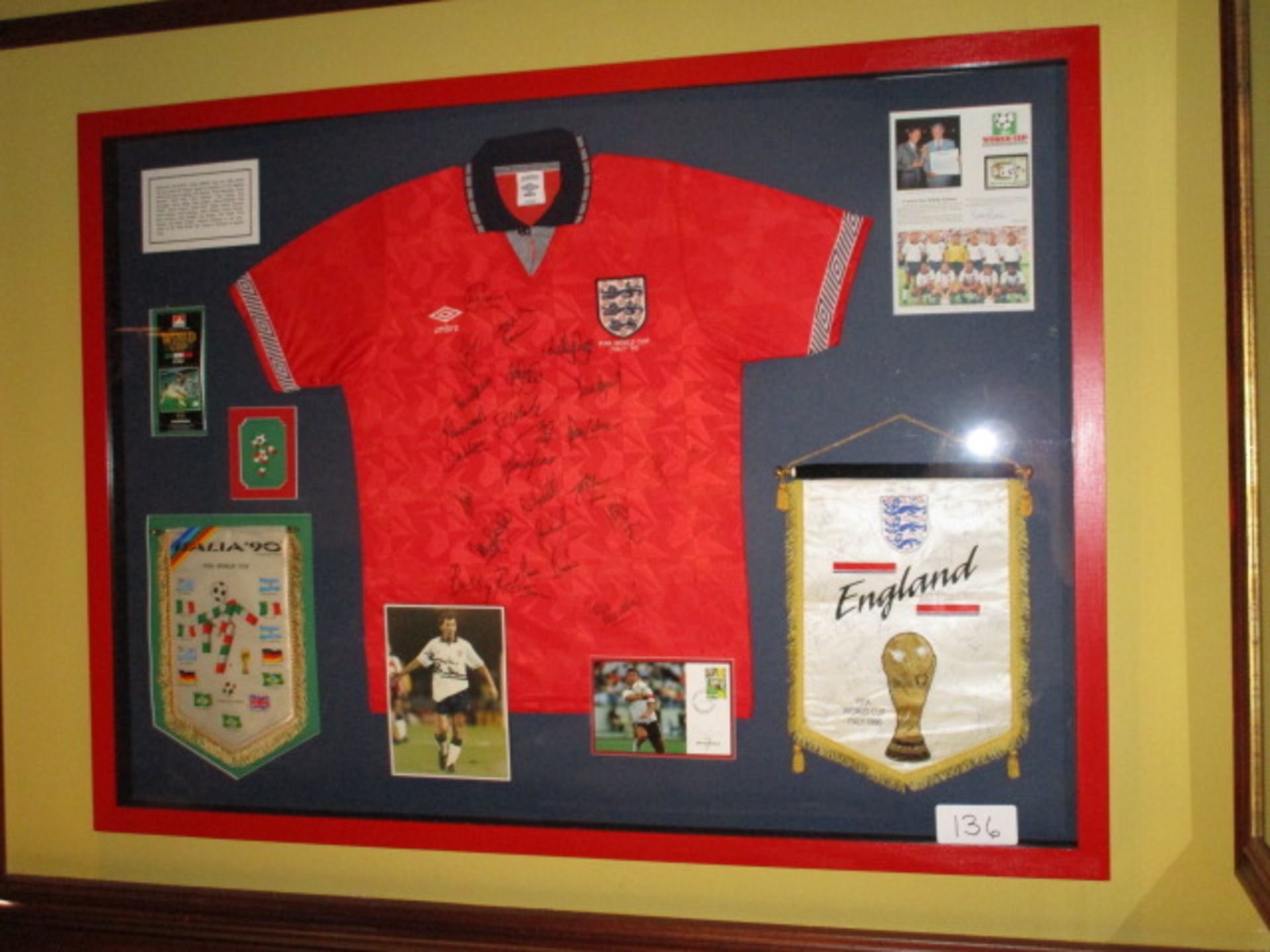 England National Team signed jersey, red No.2 from the 1990 World Cup and pennant for 1990 World Cup