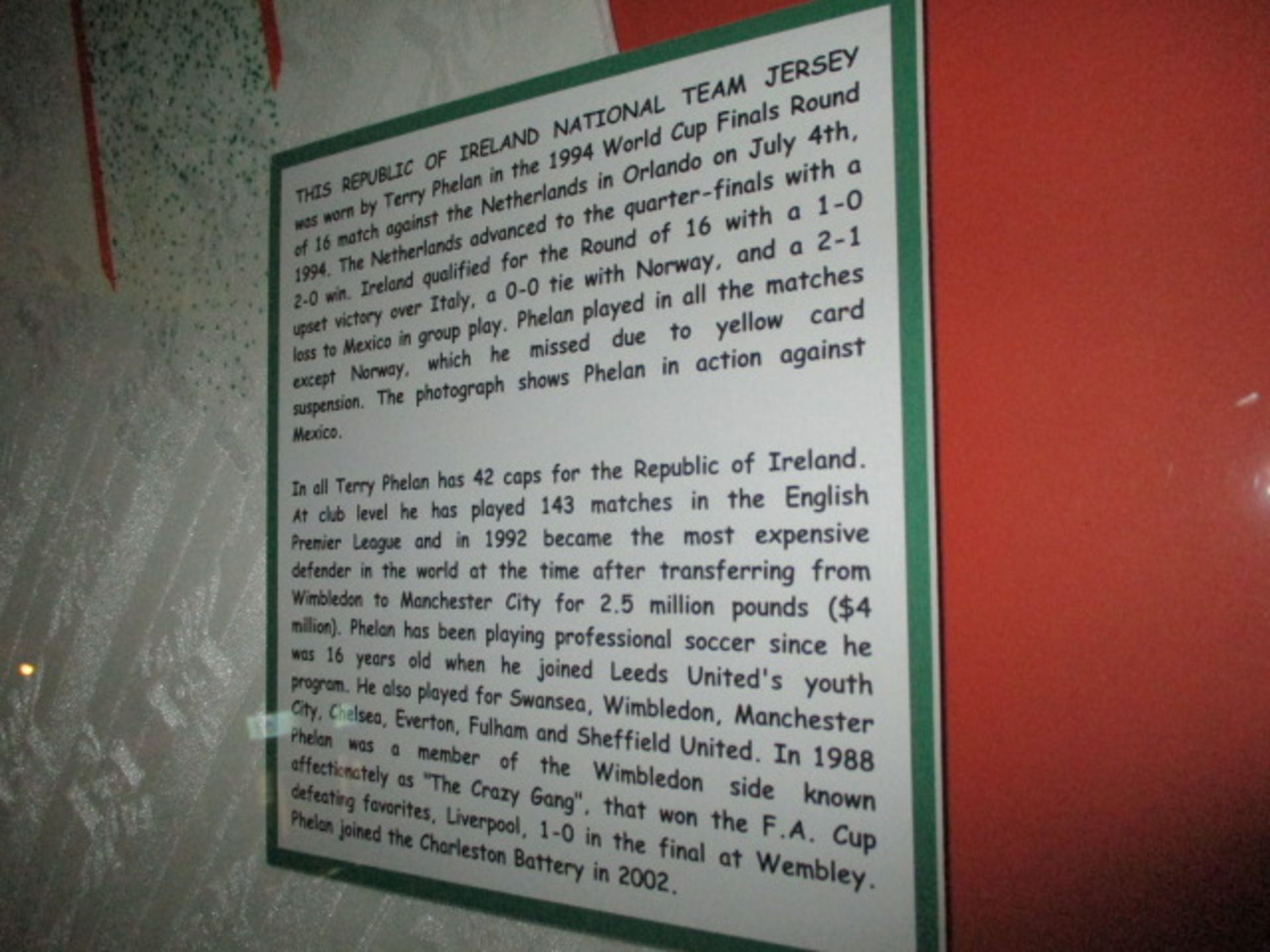 Republic of Ireland National Team 1994 World Cup jersey No. 3 worn by Terry Phelan versus - Image 3 of 3