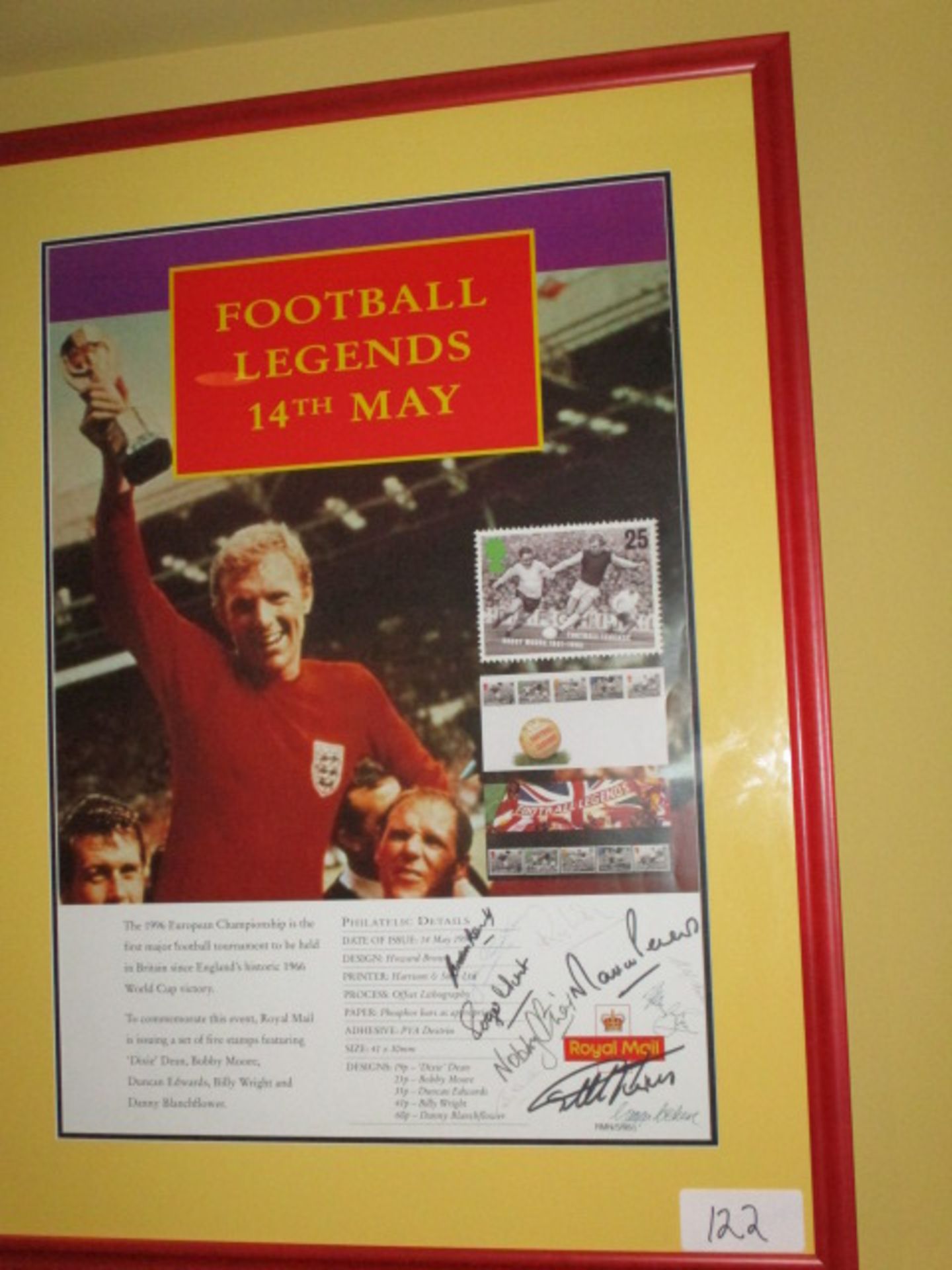 A Royal Mail promotional poster for the 1996 issue of the """"Football Legends"""" stamps featuring