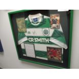 Replica Celtic 1992/93 home jersey signed by Kenny Dalglish, plus 3 photos 34in w x 32in hgt.