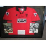 Red Wimbledon FC No.4 signed jersey, signed by Vinnie Jones and photos , 41in w x 33in hgt.