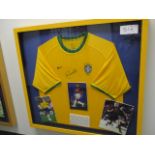 Brazil National Team jersey signed by Rivaldo, plus 3 signed photos, 37in w x 34in hgt ***Note