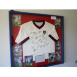 United States National Team signed jersey and photos of 2002 World Cup team, (36-1/2in w x 35in hgt)