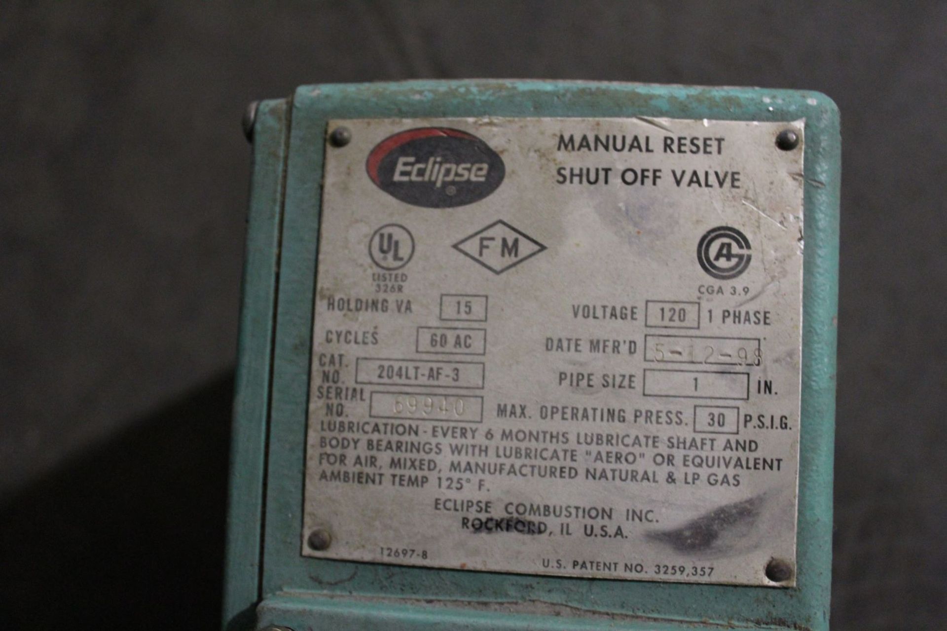 Eclipse Manual Reset Shutoff Valve, Model# 204lt-af-3, Serial# 69940, Located in: Cartersville, GA - Image 2 of 3