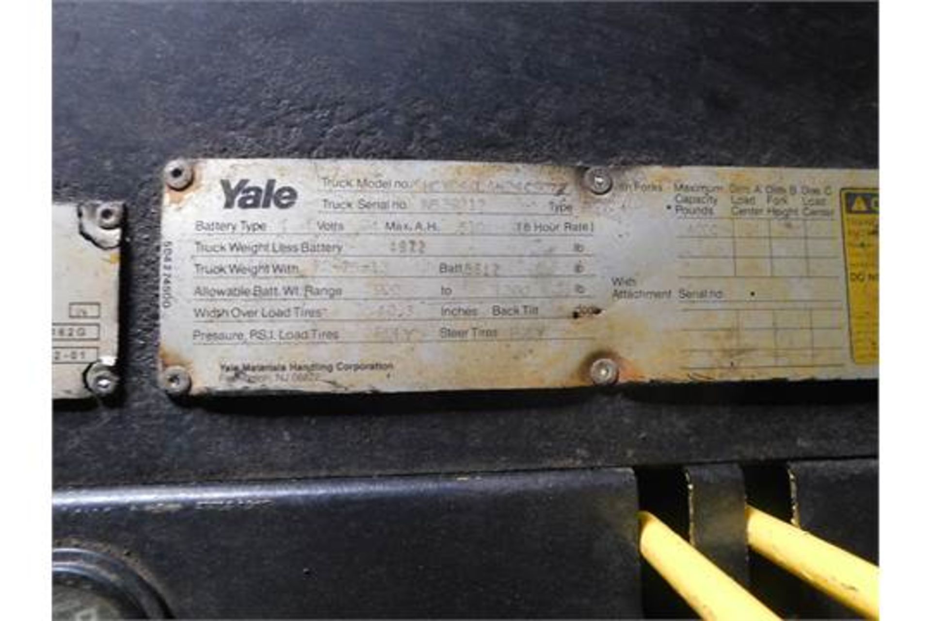 Yale Electric Pallet Jack, Model #MCW040LN24CS072, 510 Amps, 24 Volts, 3 ft. Forks, Serial #N539212 - Image 7 of 7