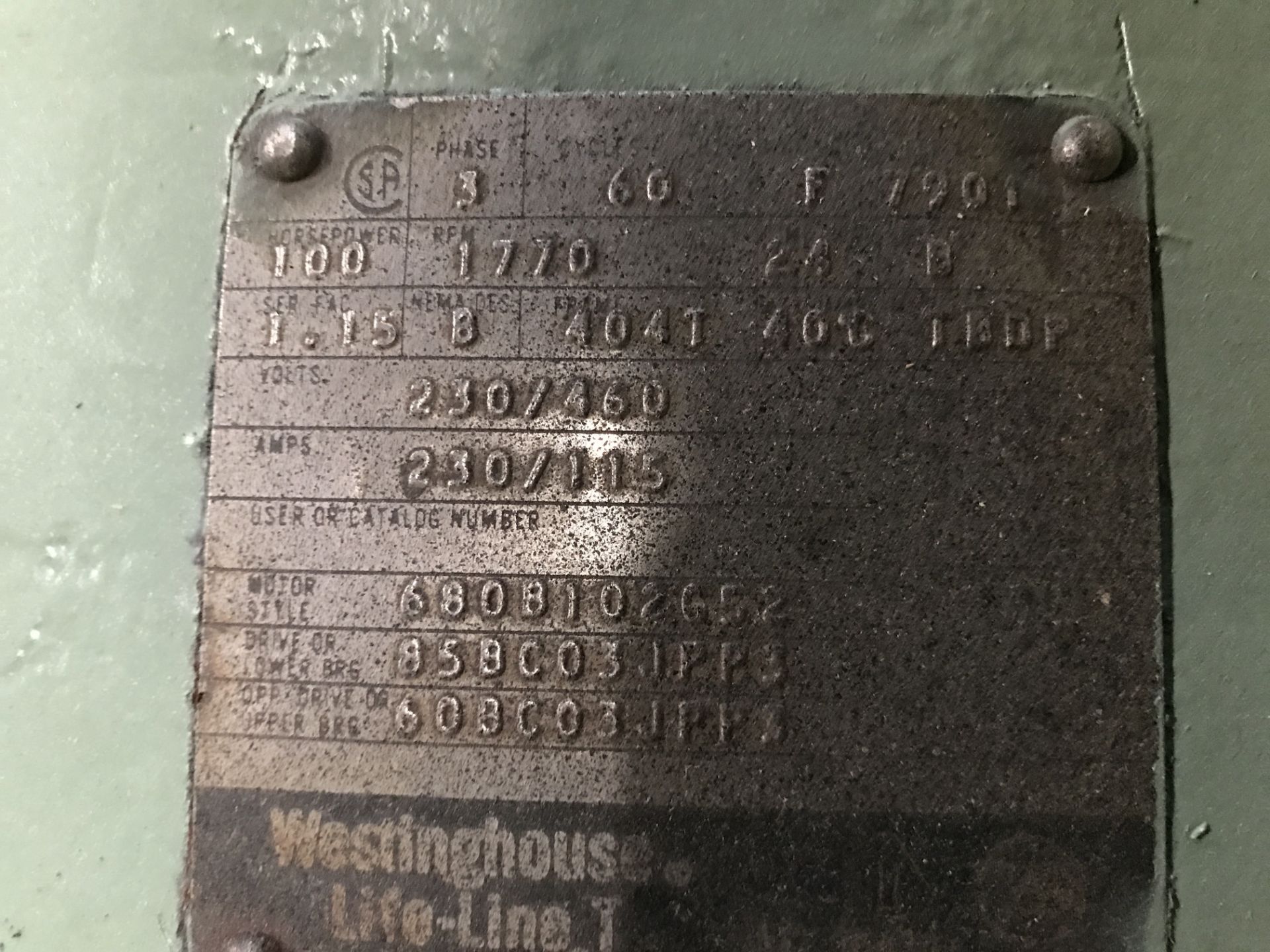 Westinghouse Life Line T, 100 HP, 3 Phase, 60 Hz, 230/460V, 230/115 Amps, Rigging Fee $250 - Image 5 of 7